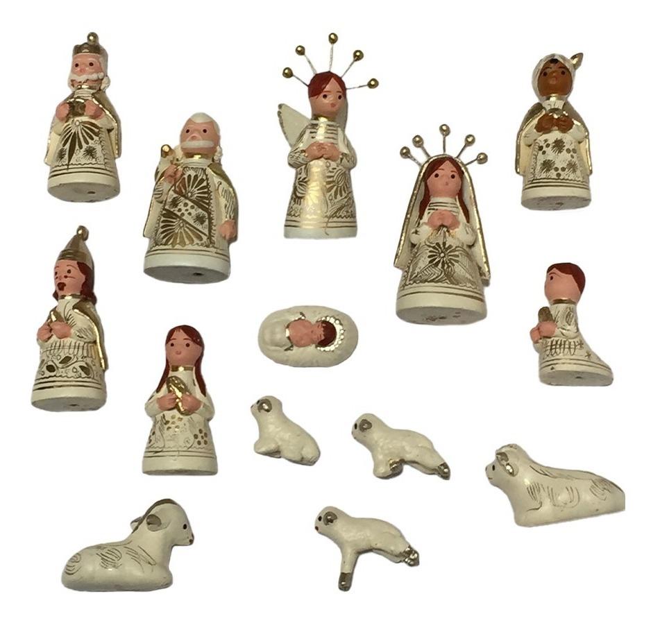 Folkloric ceramic nativity set decorated in Tlaquepaque, in the state of Jalisco, Mexico. Beautifully hand painted with lacquer bath. Handmade in clay.

14 figures: 
- The angel,
- The virgin,
- Saint Joseph,
- Baby Jesus, 
- The three