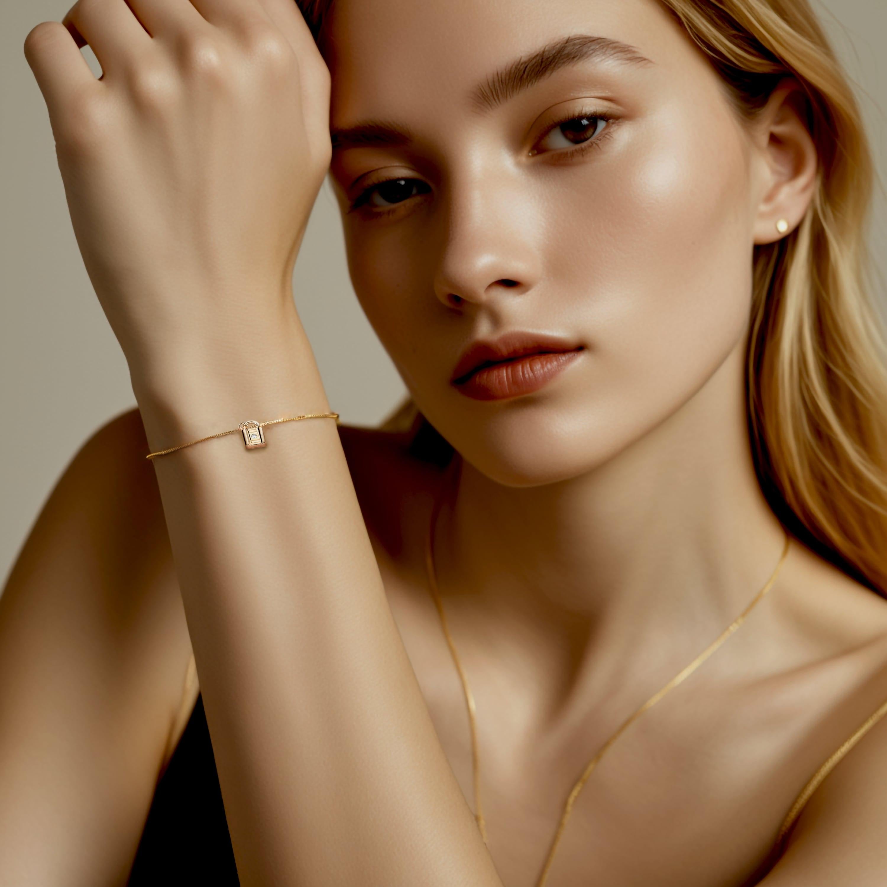 Stylish and symbolic, this Mini Lock Diamond 14K Yellow Gold Bracelet features a unique lock charm adorned with sparkling diamonds, representing security and love. Crafted in rich solid gold, the lock charm adds a touch of luxury and modern elegance