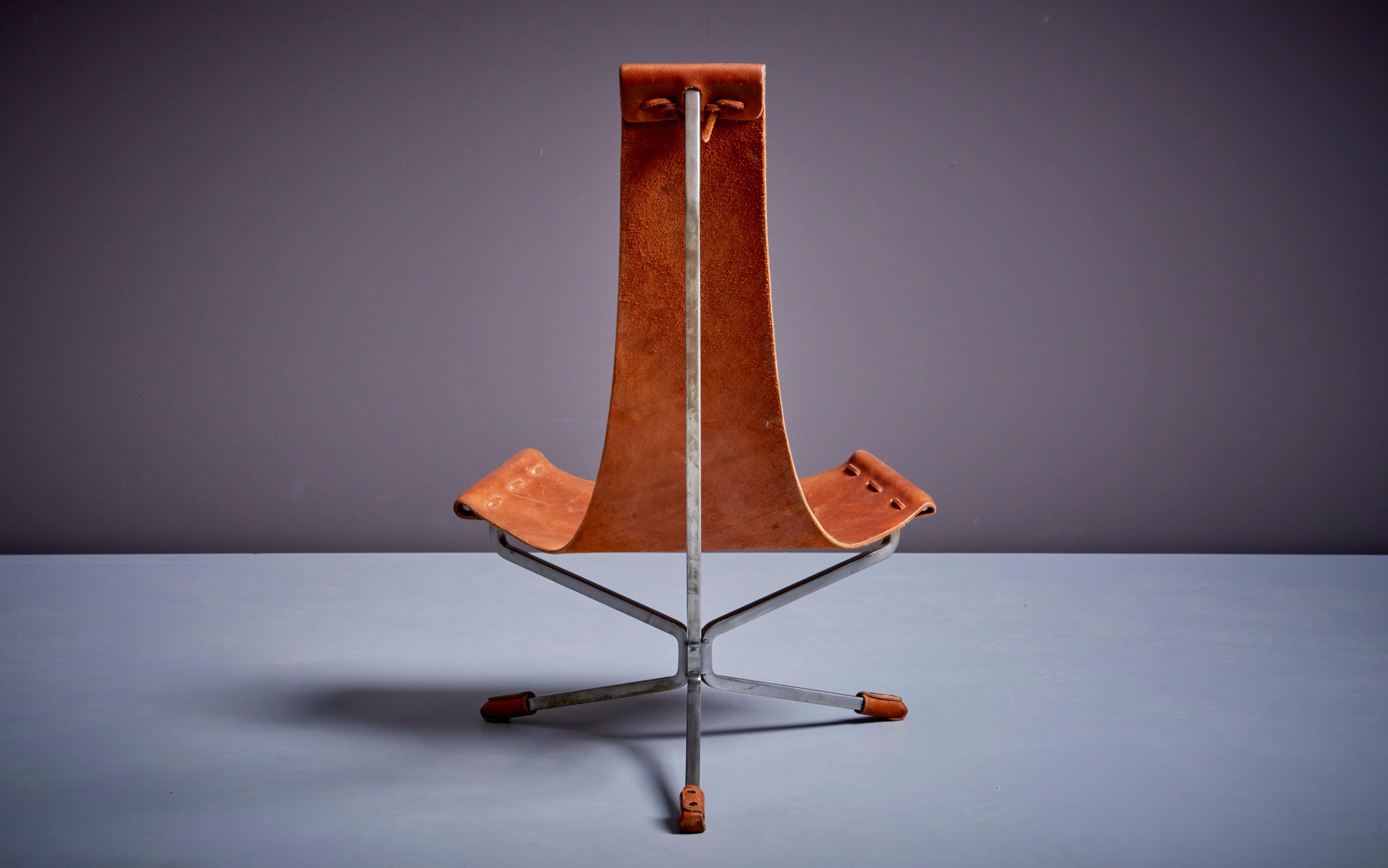 Metal Mini Lotus Chair in Brown Leather by Dan Wenger, US For Sale