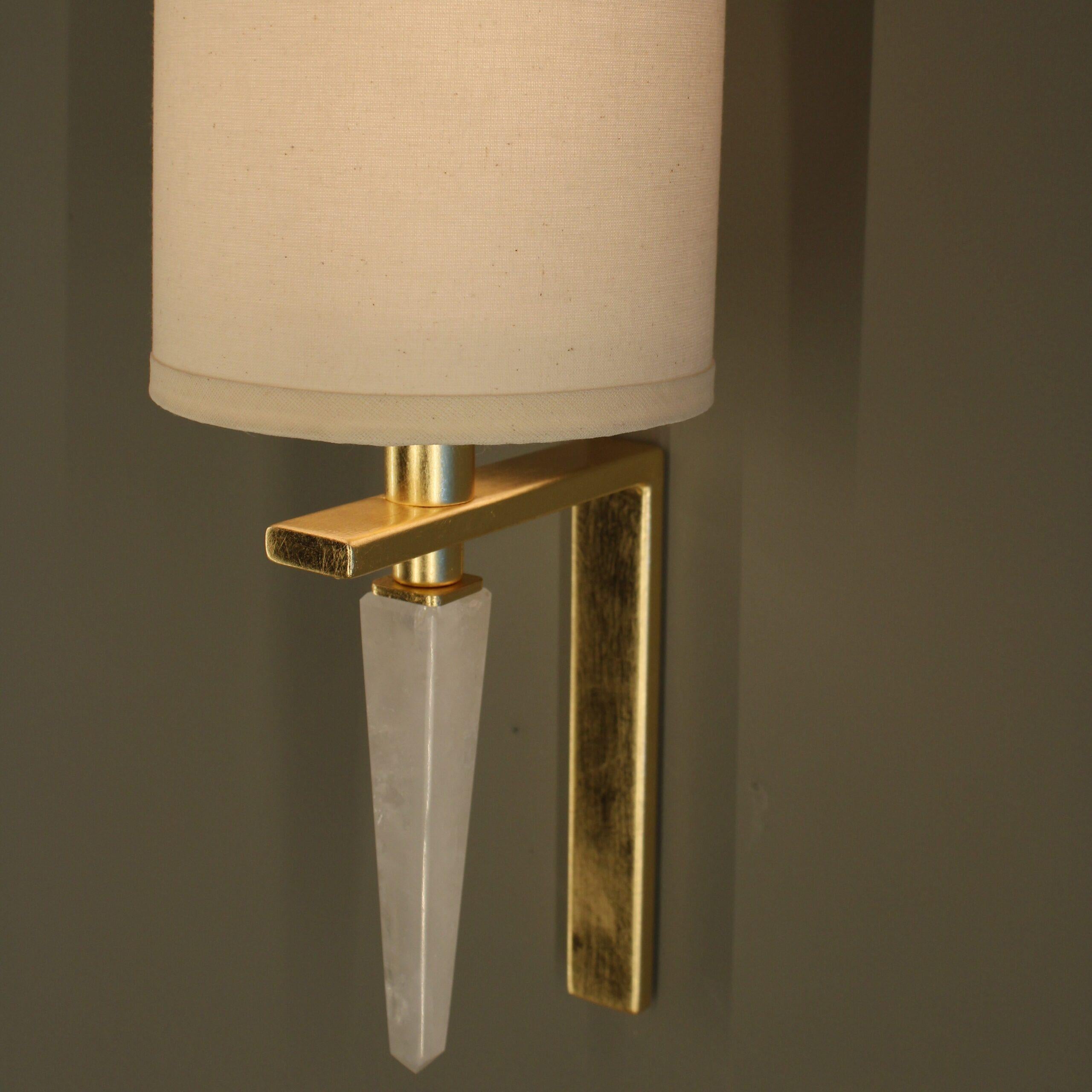 Art Deco Mini Moselle Metal Wall Lamp with White Quartz And Raw Fabric Shade by Aver For Sale