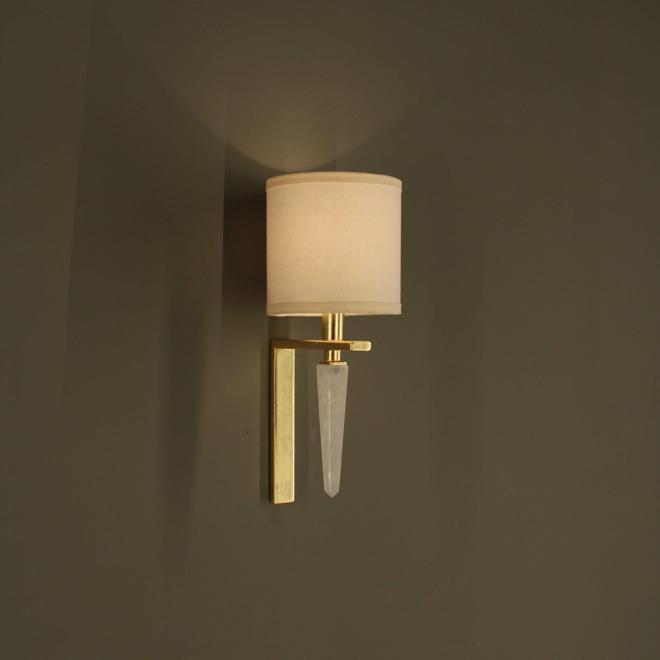 Contemporary Mini Moselle Metal Wall Lamp with White Quartz And Raw Fabric Shade by Aver For Sale