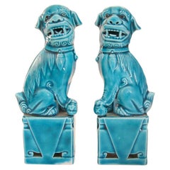 Mini Pair of Vintage Turquoise Glazed Ceramic Foo Dogs, China, circa 1980's