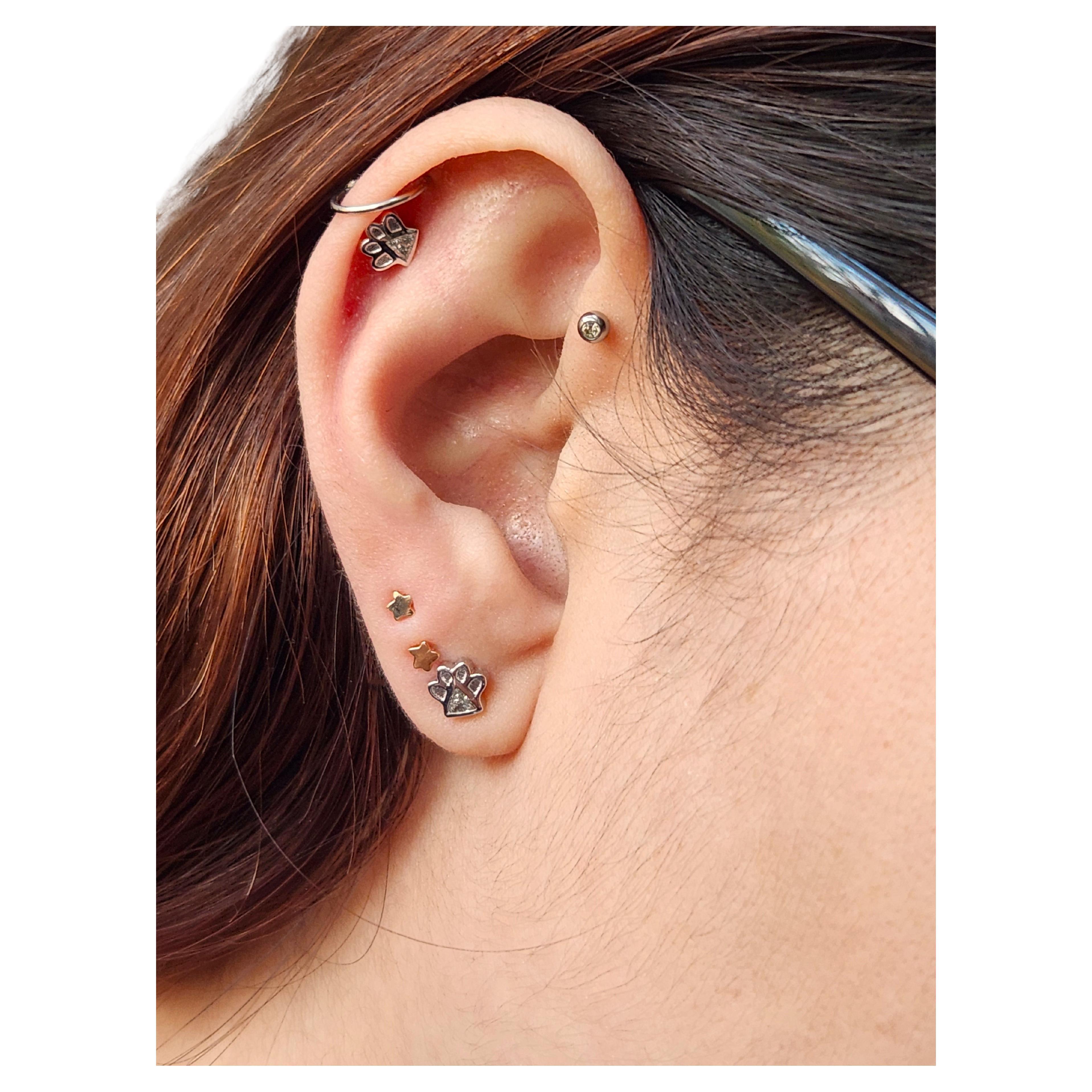 Mini-Ohrstecker aus 14K Weißgold mit Diamanten mit Pfotendruck und mehreren Piercings