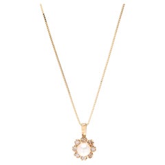 Mini Pearl Diamond Halo Pendant Necklace, 14k Yellow Gold