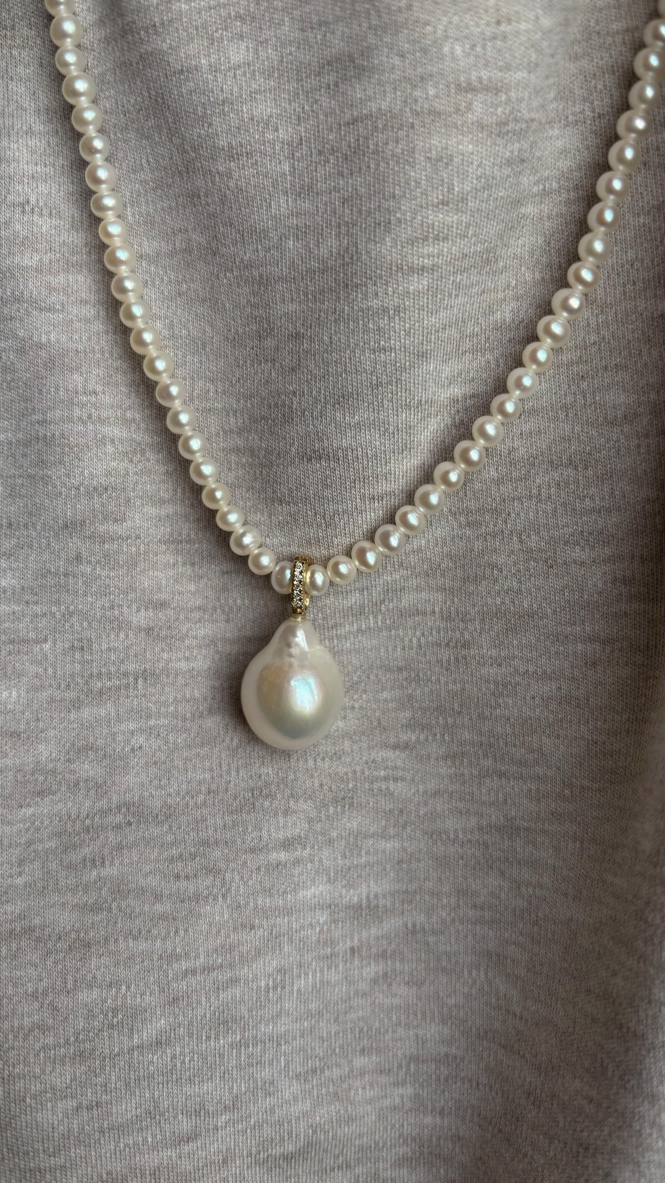 Mini Pearl Necklace with Baroque Charm and Diamonds, in 18K Gold
