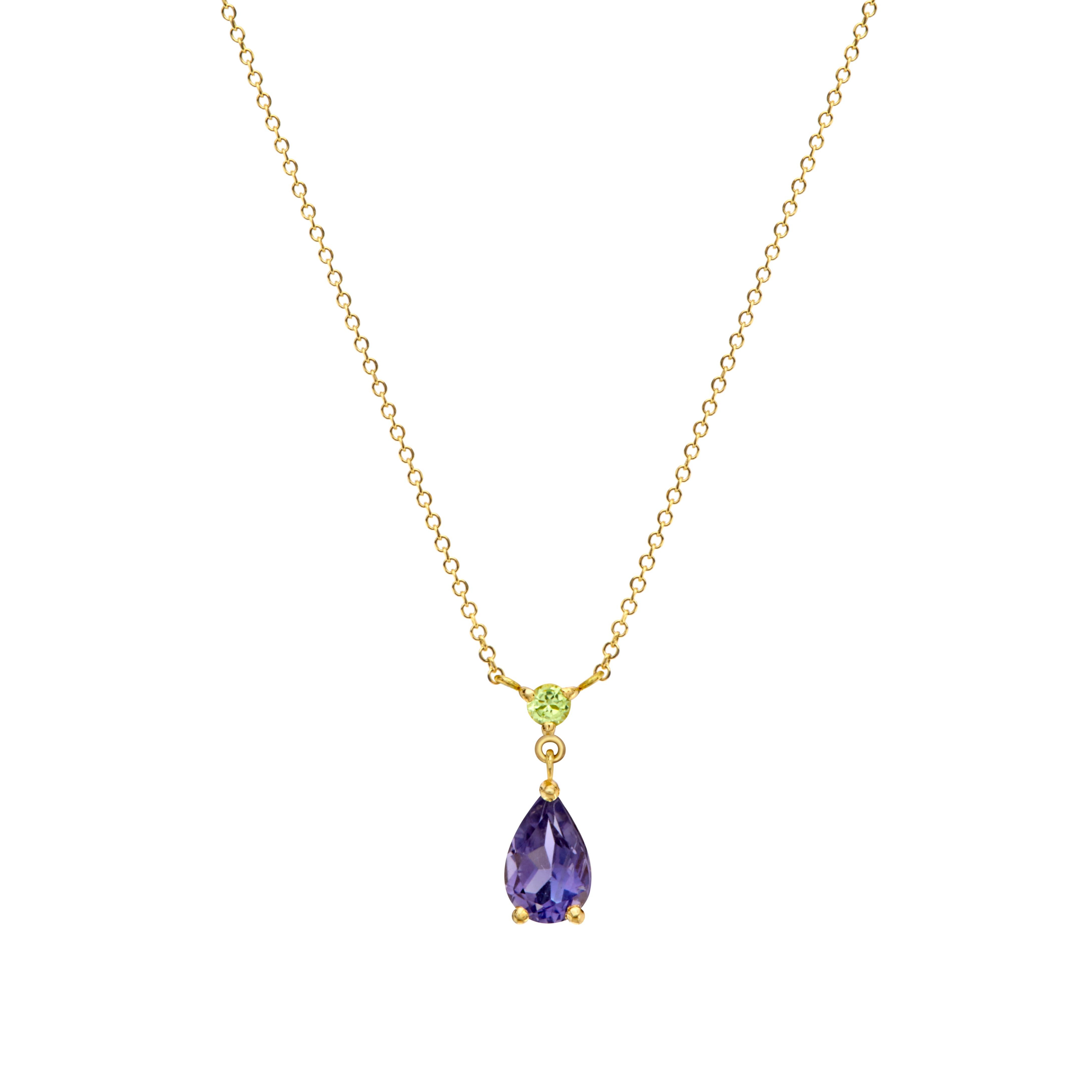 Modern Mini Pendant Necklace in 18Kt Yellow Gold with Pear Iolite and Peridot Easy Wear For Sale