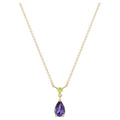Used Mini Pendant Necklace in 18Kt Yellow Gold with Pear Iolite and Peridot Easy Wear