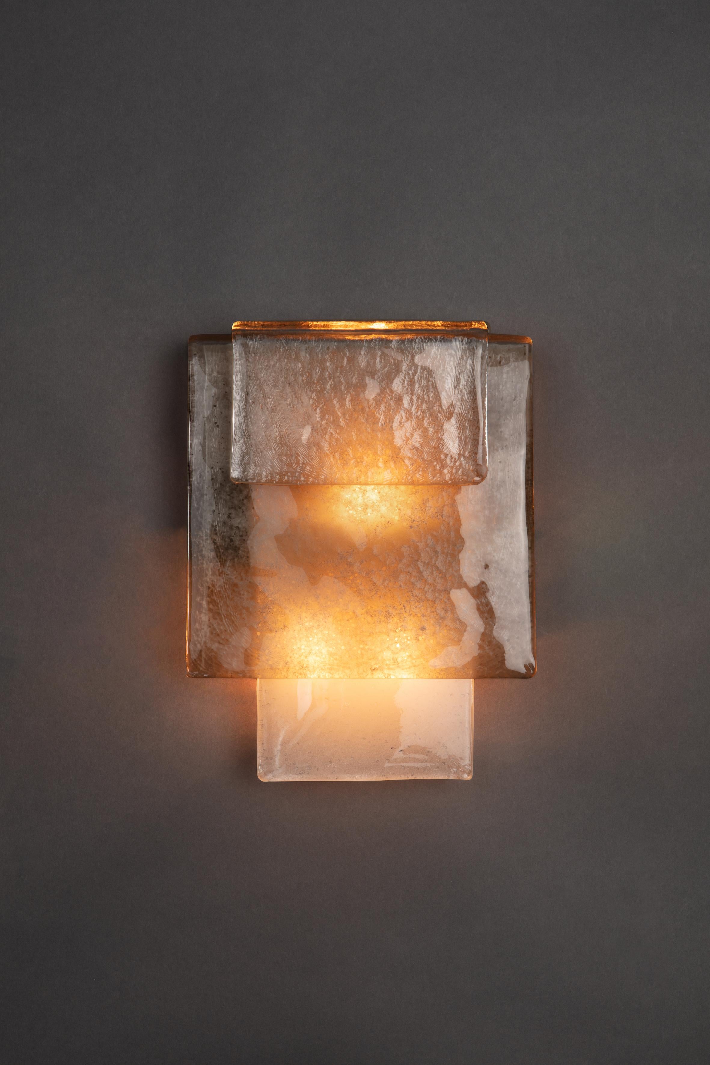 A smaller version of our very popular Placche Sconce, this sconce has the same glass textures and finishes. 
It takes 3 E14 Edison screw bulbs. Wired for the EU it can also be UL certified for the US and Canada.