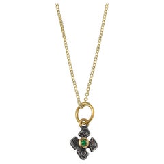 Mini Pontus Cross Charm Pendant with Emerald, 24K Gold and Silver, Handmade