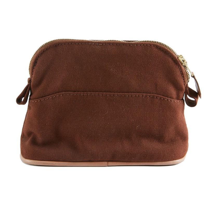 This Hermès is a mini brown canvas and leather travel pouch. This model Bolide can be used as a travel case or like a pouch in your bag. In very good condition. The trim is beige leather and lined with canvas. The dimensions are : 15 cm length x 12