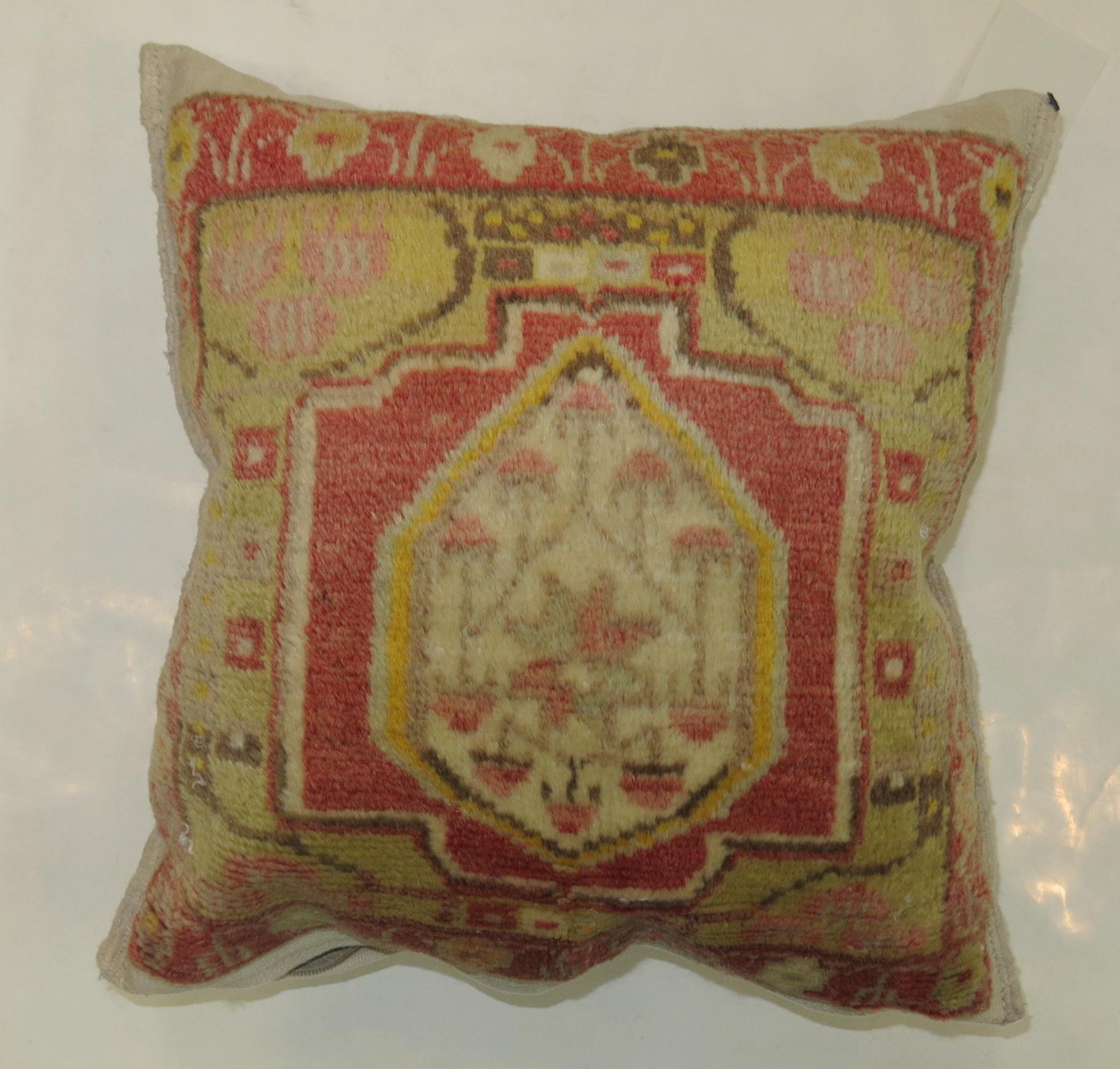 Industrial Mini Red Yellow Turkish Rug Pillow For Sale