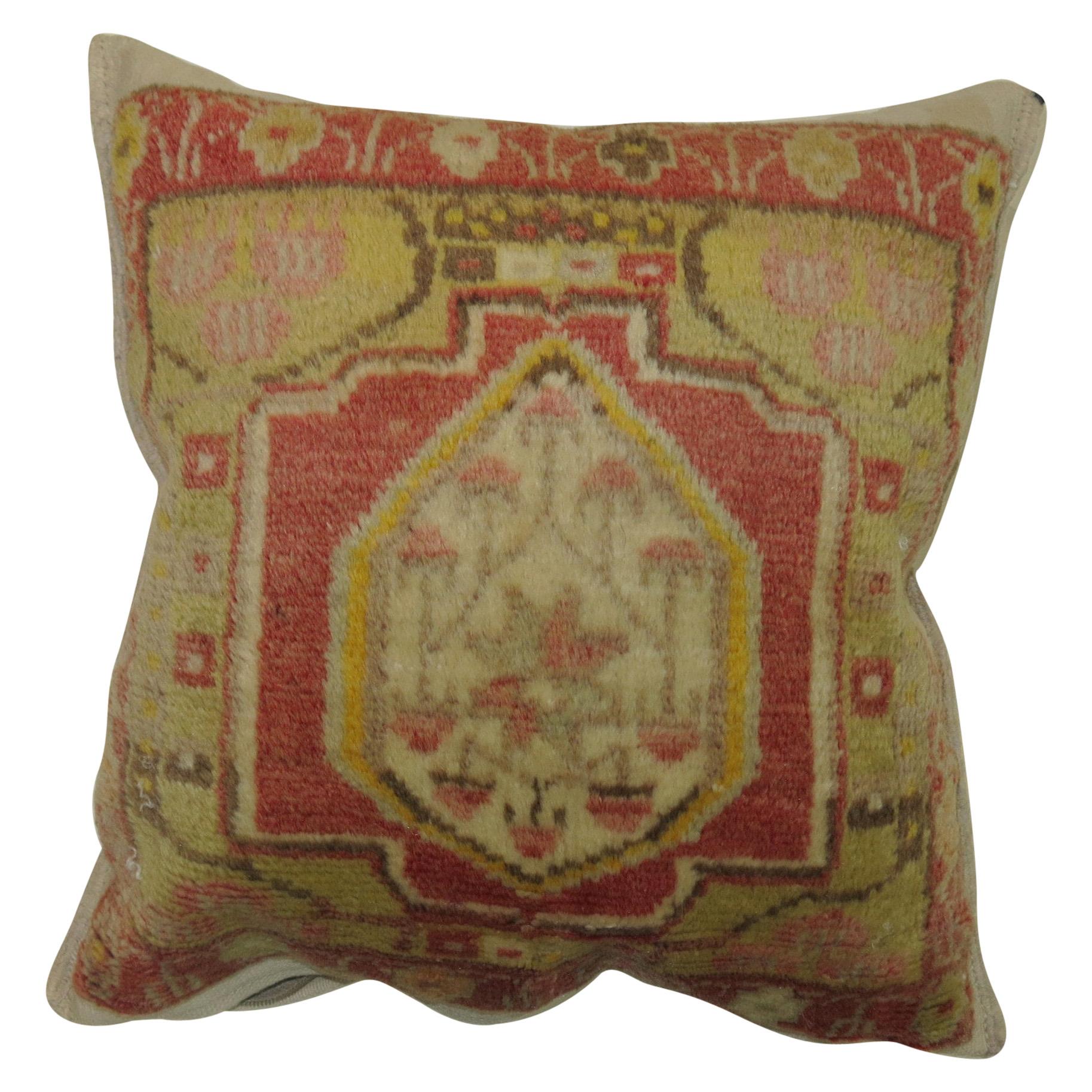 Mini Red Yellow Turkish Rug Pillow For Sale