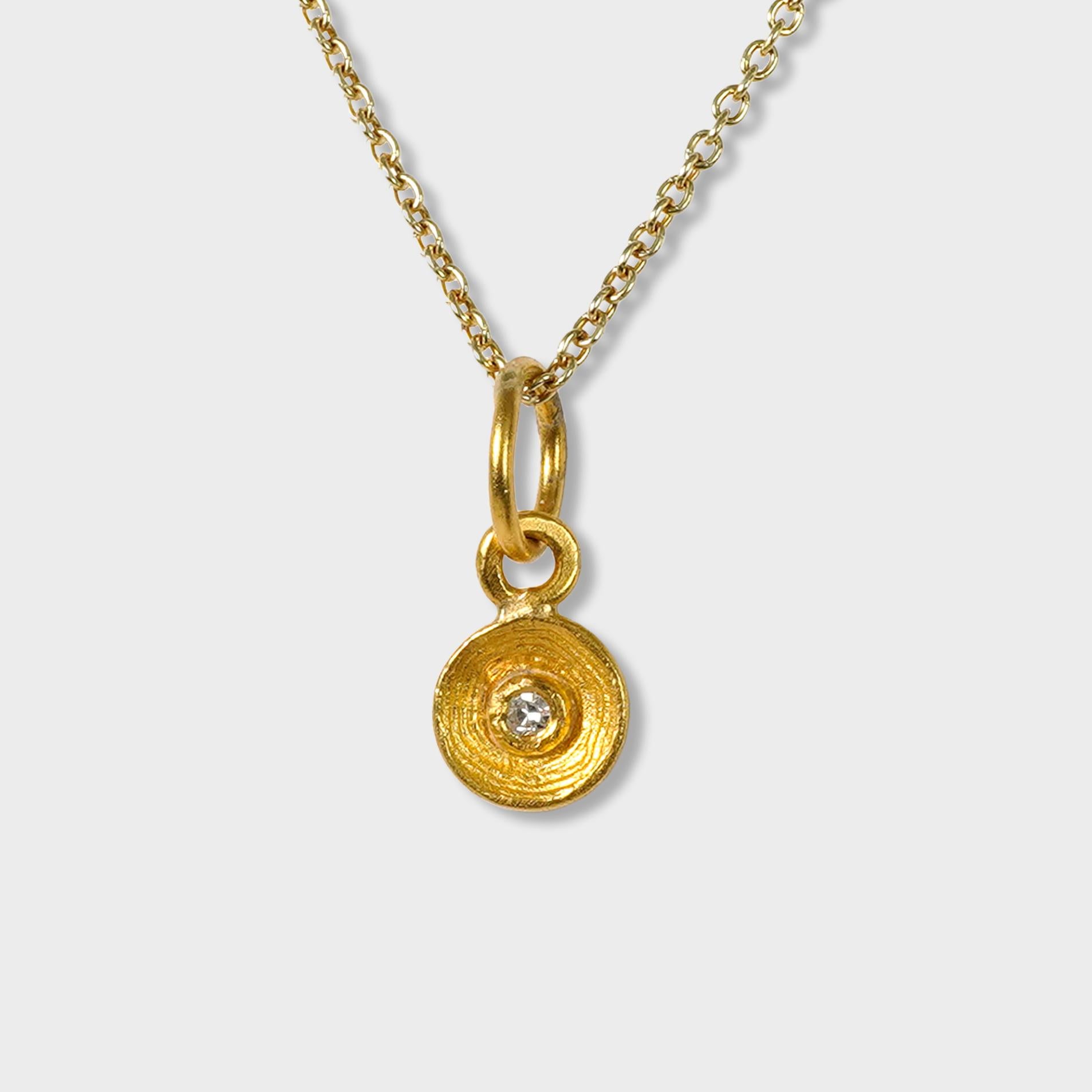 Round Cut Mini, Rhythm or Circle of Life, Charm, Solid 24K Gold and 0.02ct Diamond For Sale