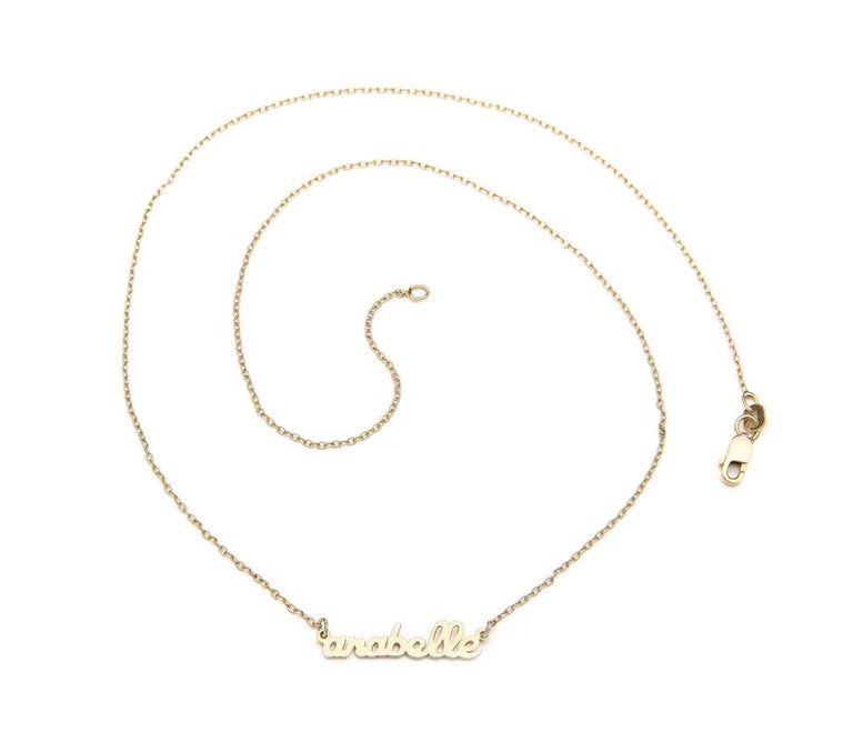 Contemporary Mini Script Personalized Name Necklace shown with 2 names Gold Plated For Sale