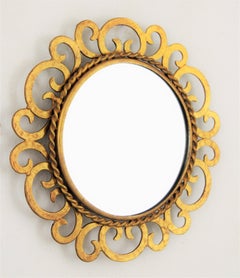 Mini Sized Sunburst Mirror with Scrollwork in Gilt Iron, 1950s