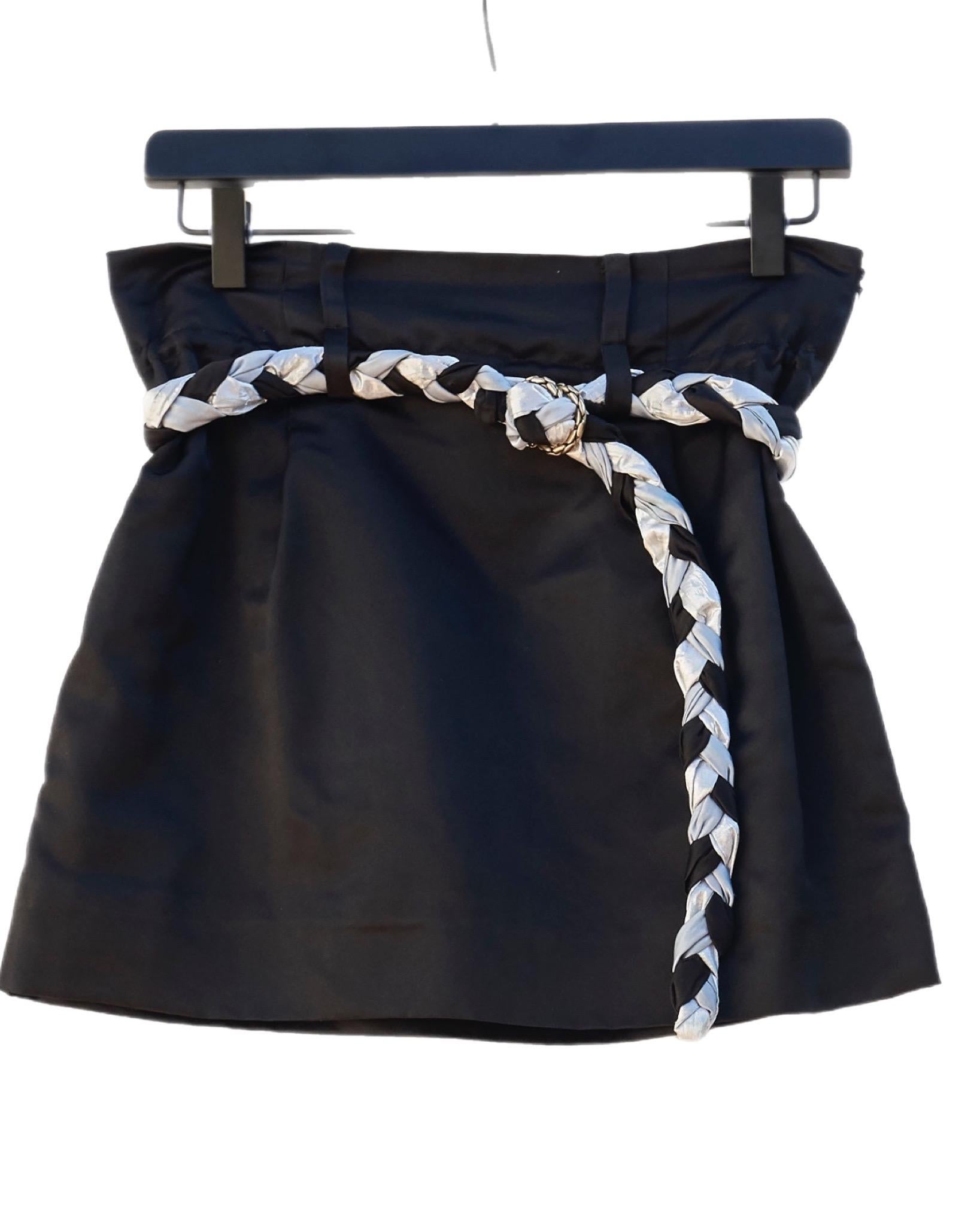 Mini Skirt Black Duchesse Satin Silk Braided Belt X Small In New Condition For Sale In Los Angeles, CA