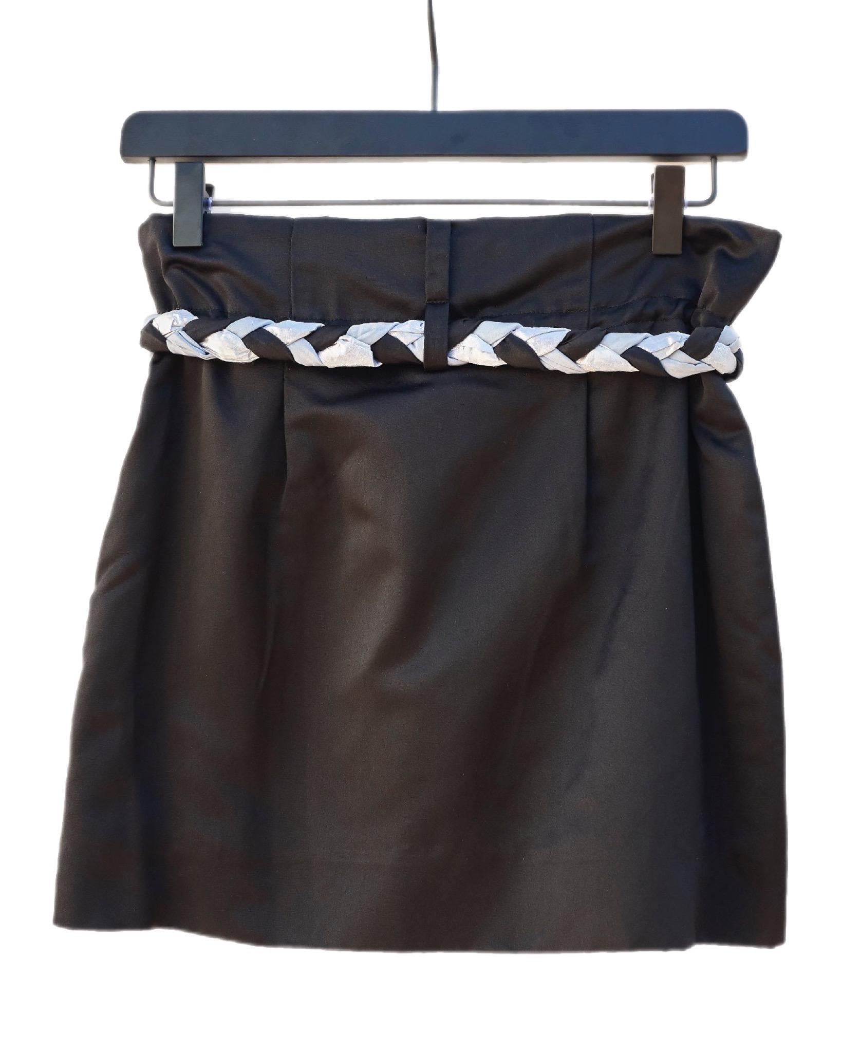 Women's Mini Skirt Black Duchesse Satin Silk Braided Belt X Small For Sale