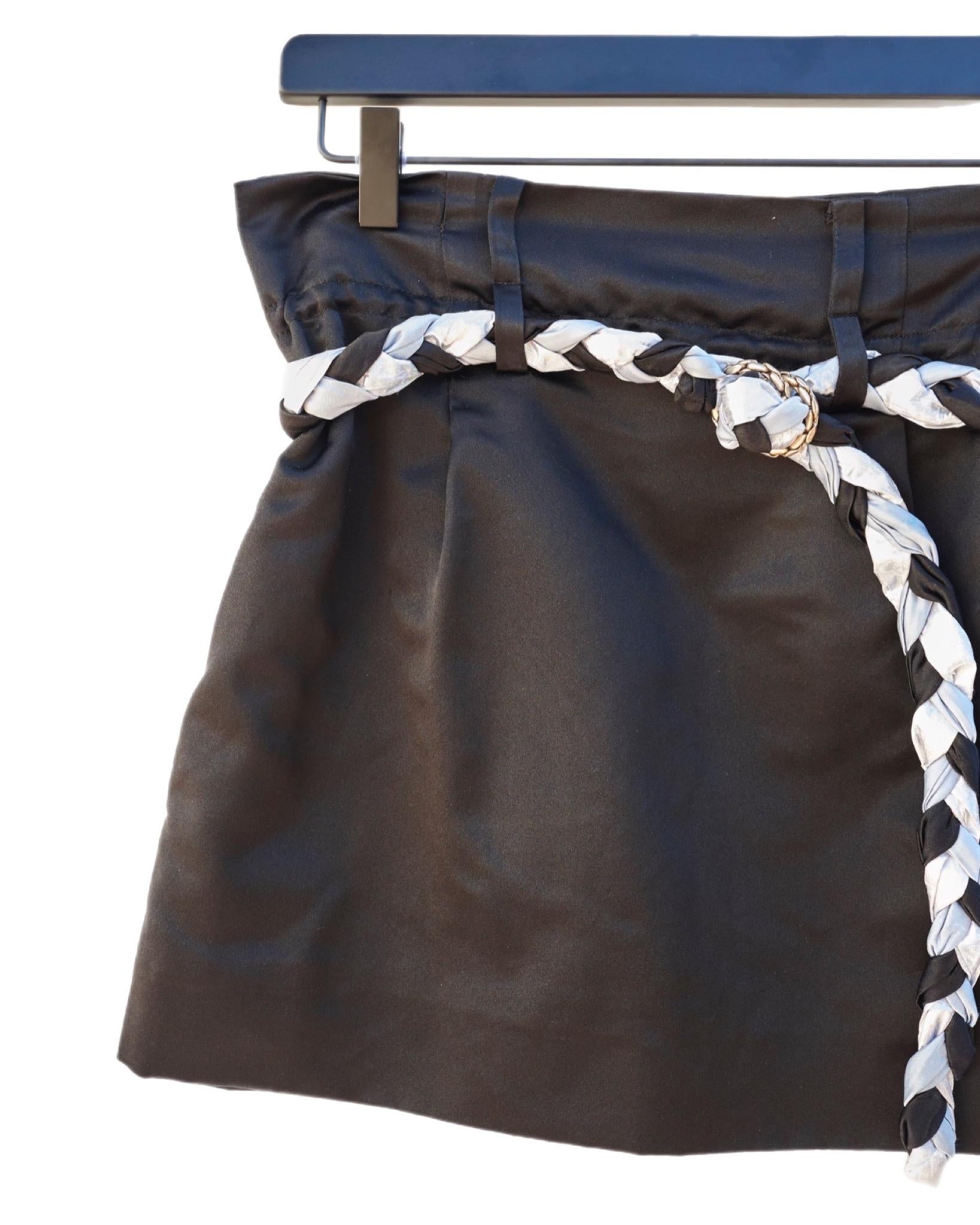 Mini Skirt Black Duchesse Satin Silk Braided Belt X Small For Sale 1