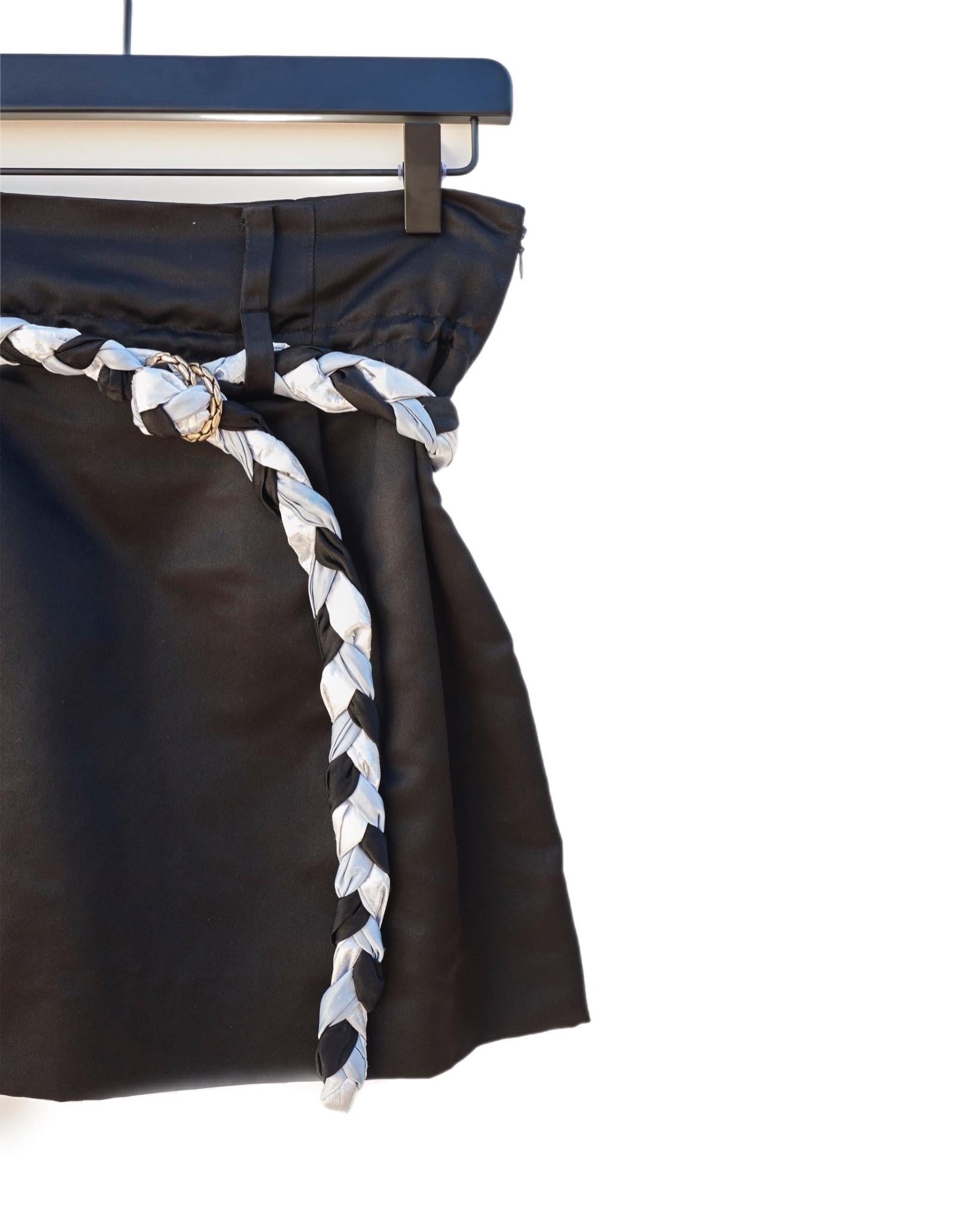 Mini Skirt Black Duchesse Satin Silk Braided Belt X Small For Sale 2