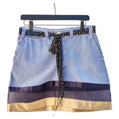 Mini Skirt Blue Work Wear Vintage Remade Organza Gold Transparent Chiffon Belt
