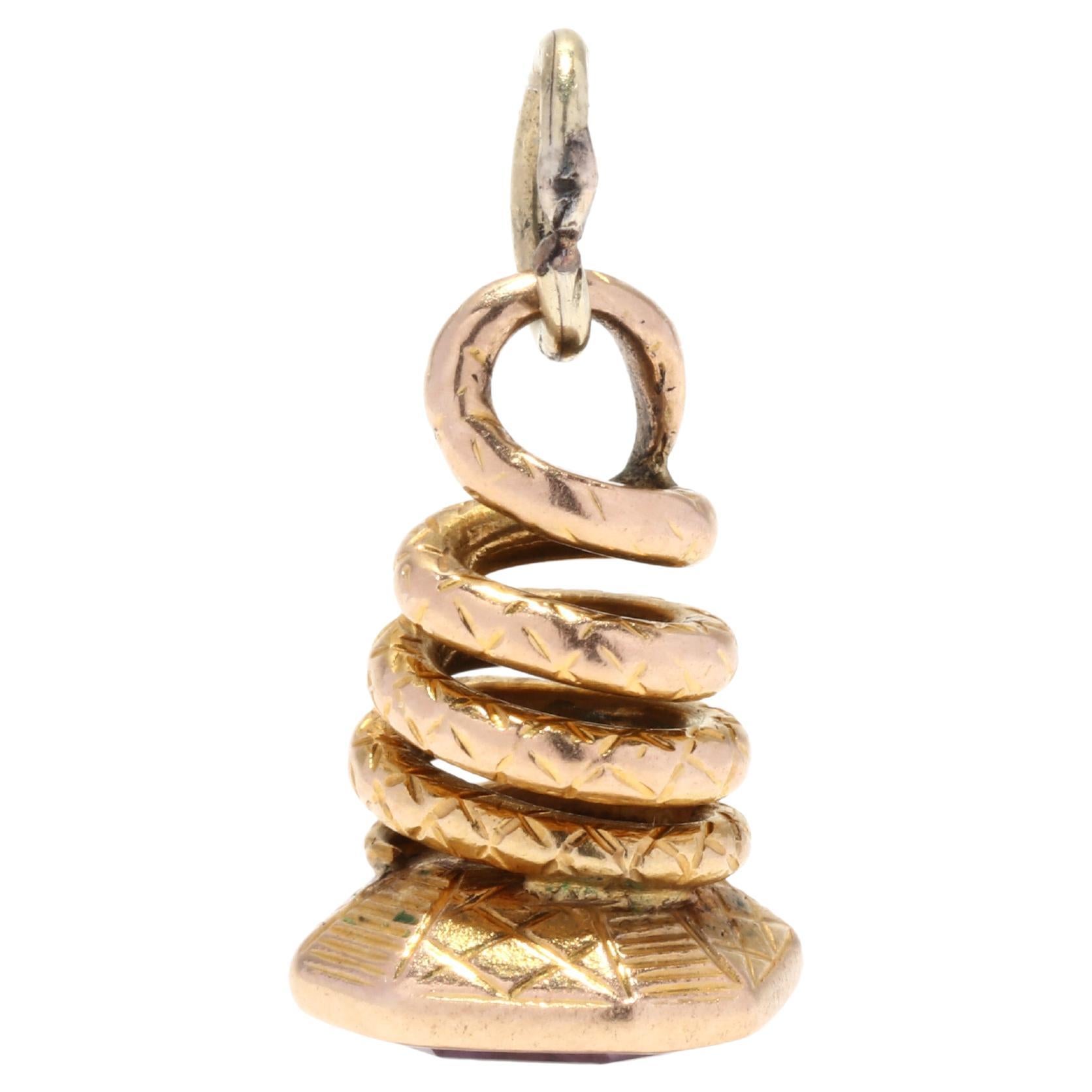 Mini Snake Watch Fob, 14K Gold, Coiled Snake Charm, Victorian Watch Fob