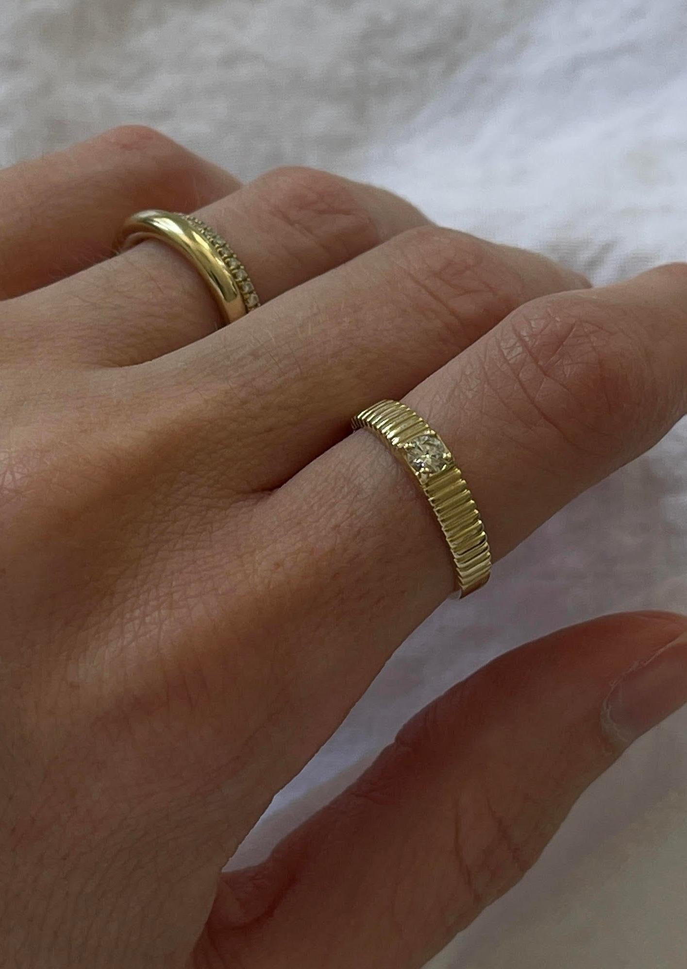 For Sale:  Mini Solis Ribbed Ring II 14k Solid Yellow Gold .14CW Round Diamond 4