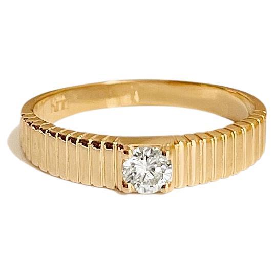 For Sale:  Mini Solis Ribbed Ring II 14k Solid Yellow Gold .14CW Round Diamond