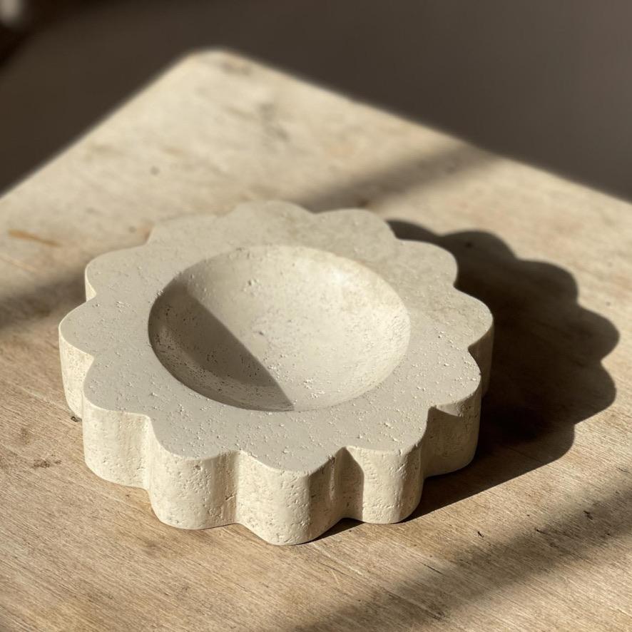 Organic Modern Mini Sun: Scooped Dish in Whipped Travertine by Anastasio Home For Sale