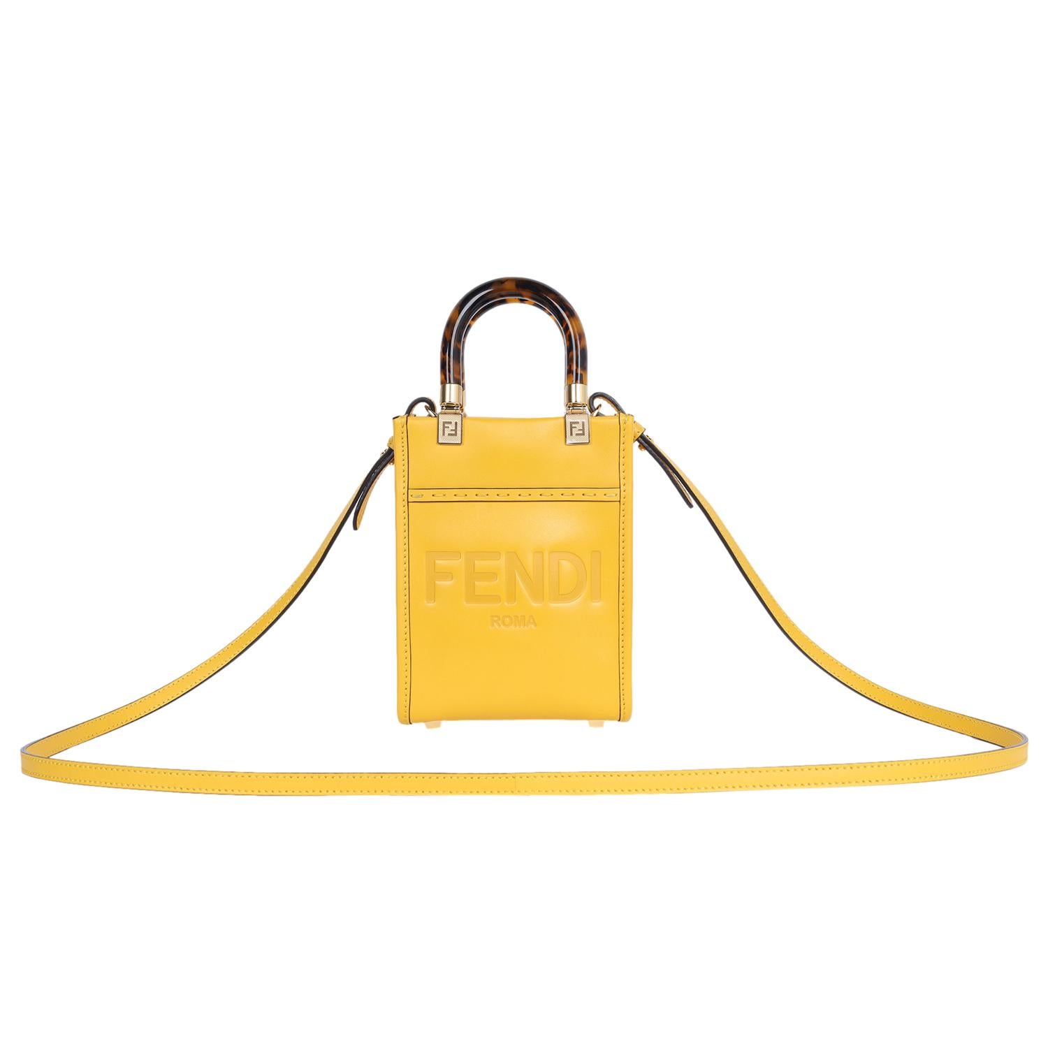 Authentische, gebrauchte Fendi Mini Sunshine Shopper Tasche aus gelbem Leder mit Heißprägung 
