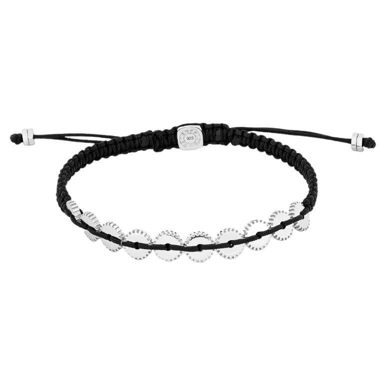 Mini Ten Gear Bracelet with Black Macrame in Sterling Silver, Size L For Sale