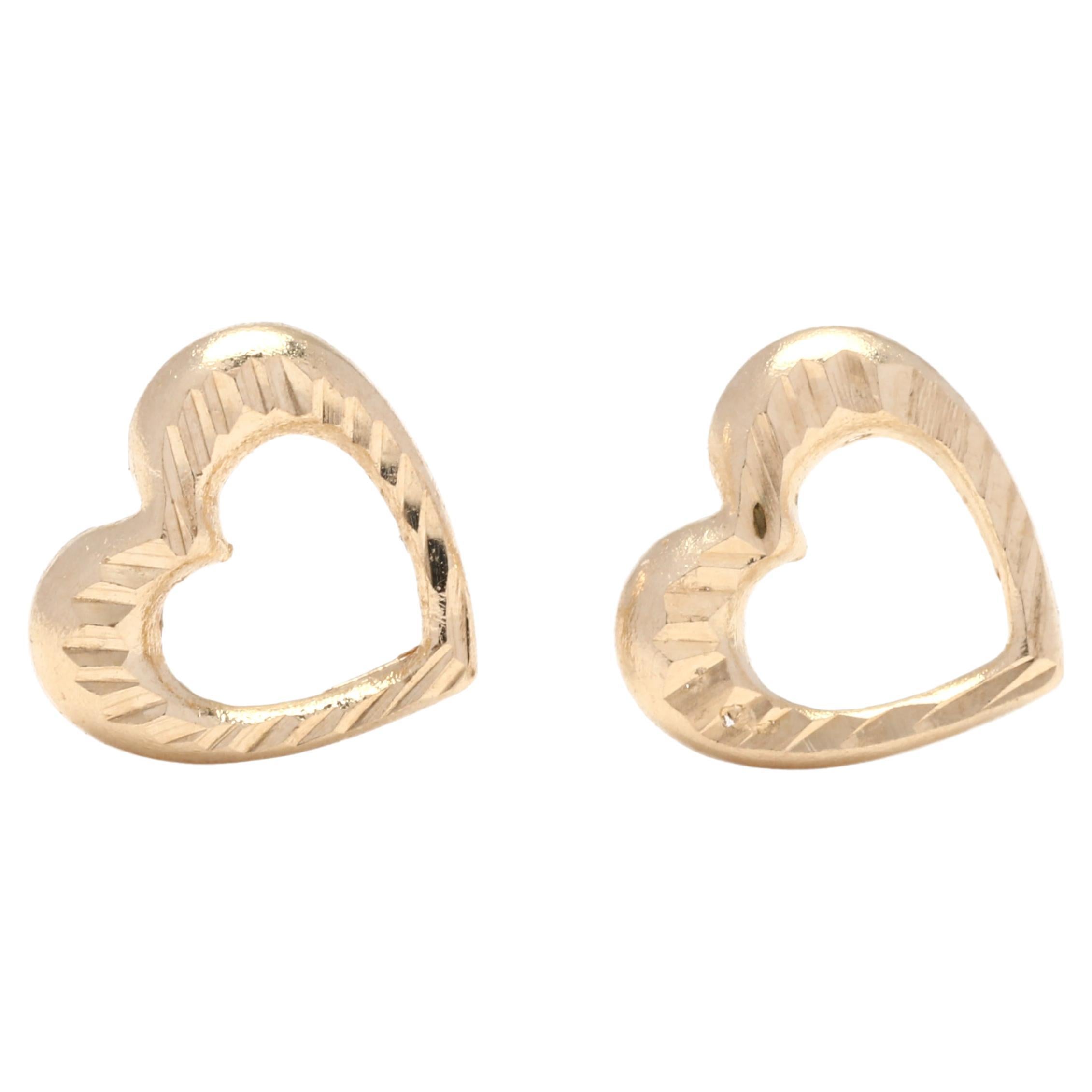 Mini Textured Heart Stud Earrings, 14K Yellow Gold, Length 1/4 Inch, Small Gold  For Sale