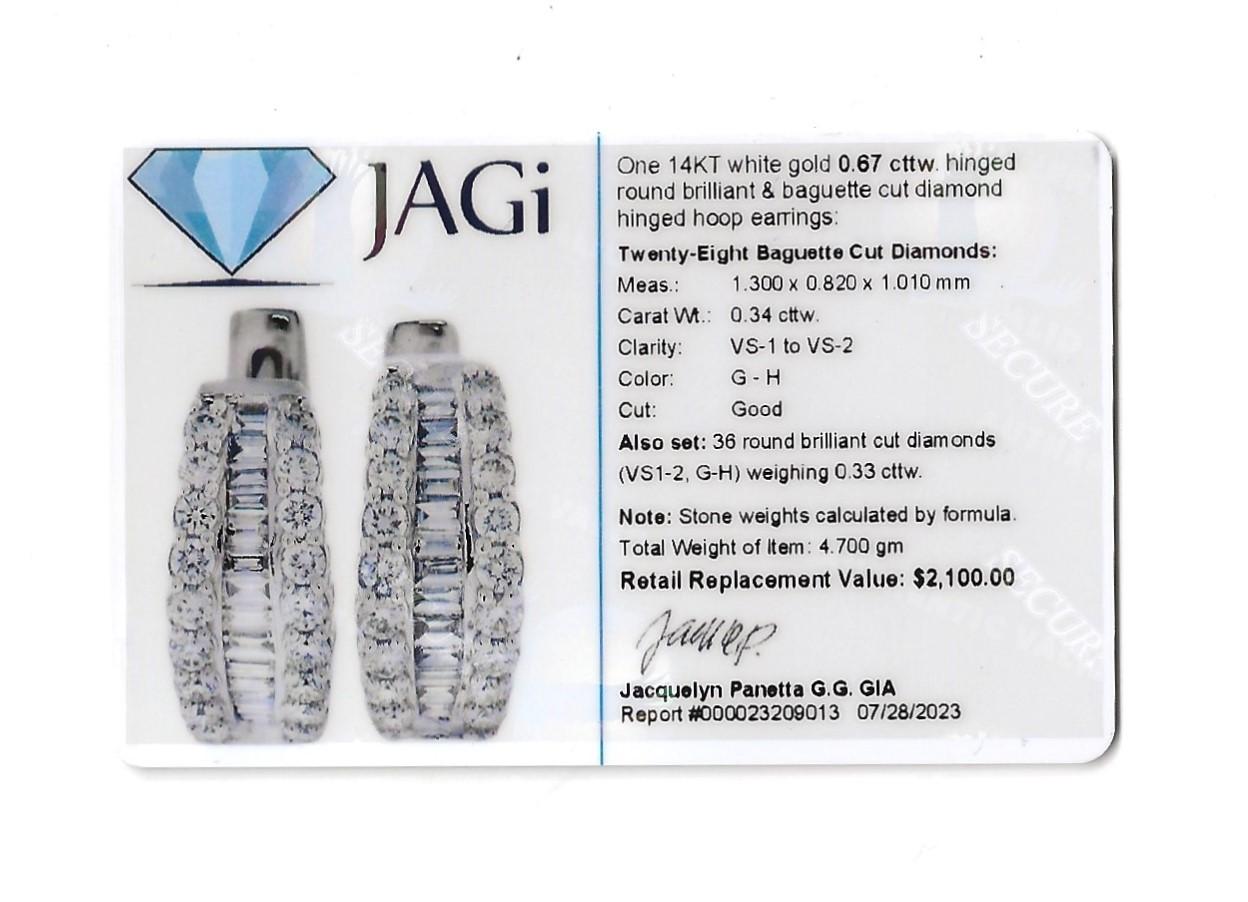 Women's Mini Three Row Round & Baguette Diamond Huggie Hoop Pierced White Gold Earrings For Sale