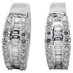 Mini Three Row Round & Baguette Diamond Huggie Hoop Pierced White Gold Earrings