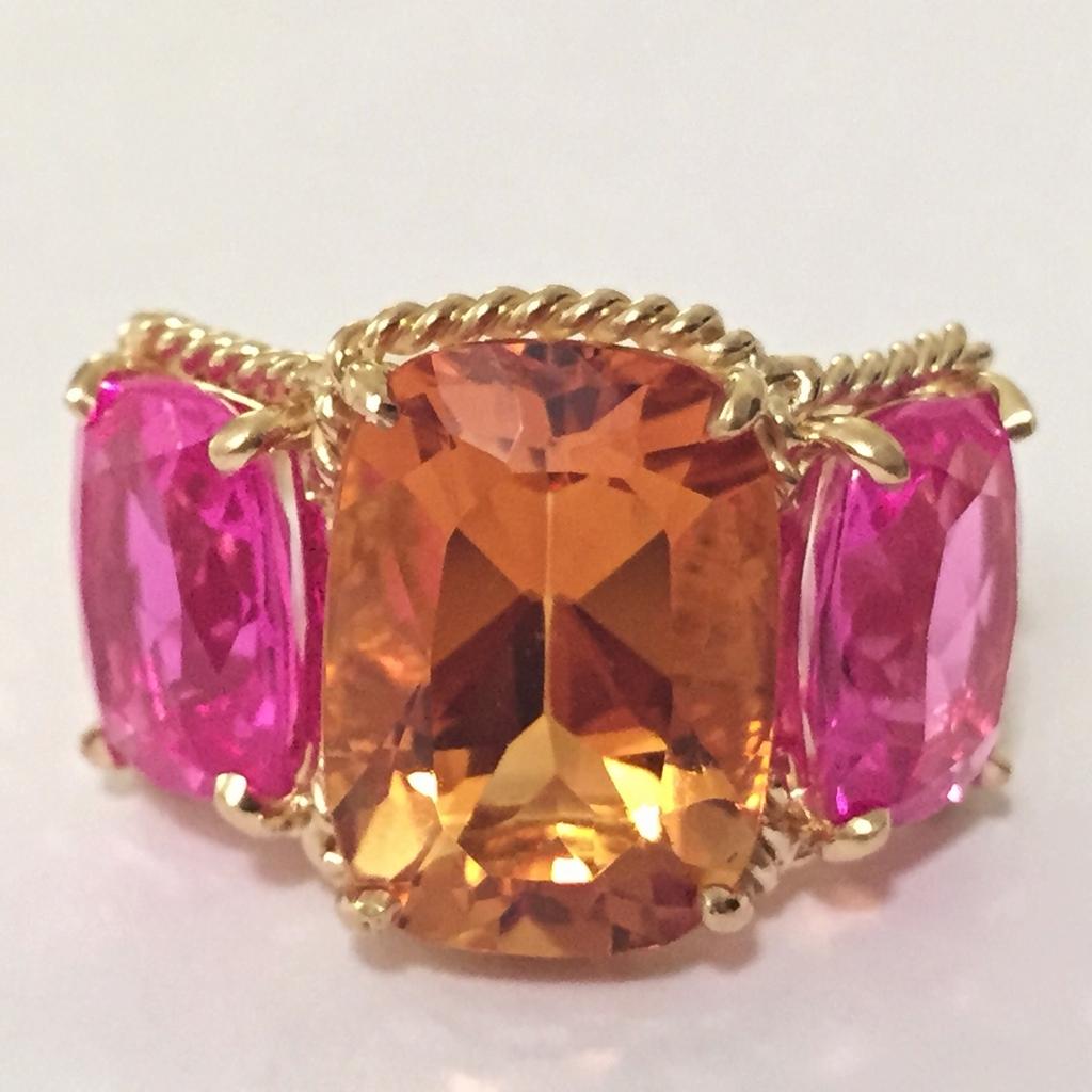 Mini Three-Stone Amethyst Ring and Pink Topaz with Rose Gold Rope Twist Border For Sale 6