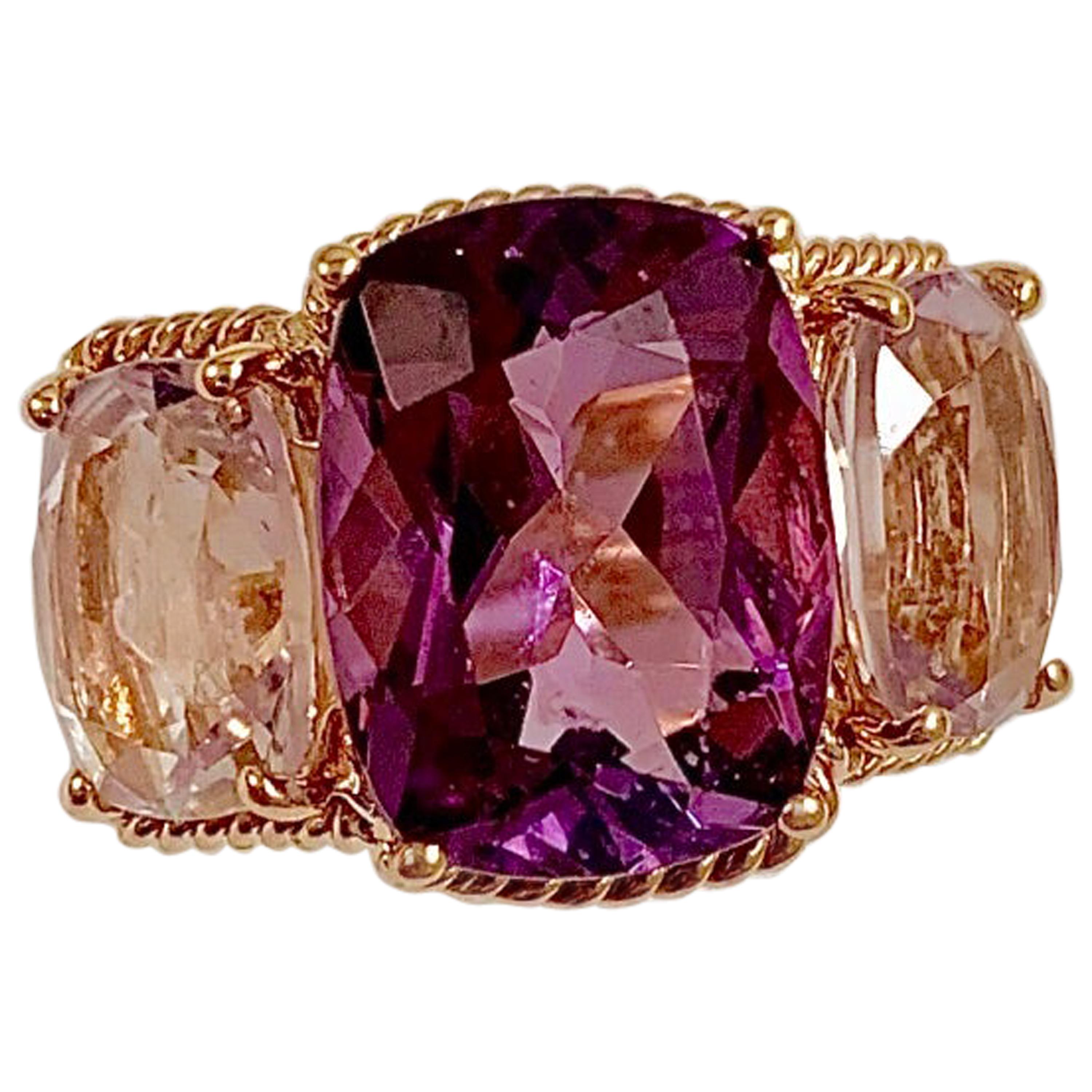 Contemporary Mini Three-Stone Amethyst Ring and Pink Topaz with Rose Gold Rope Twist Border For Sale