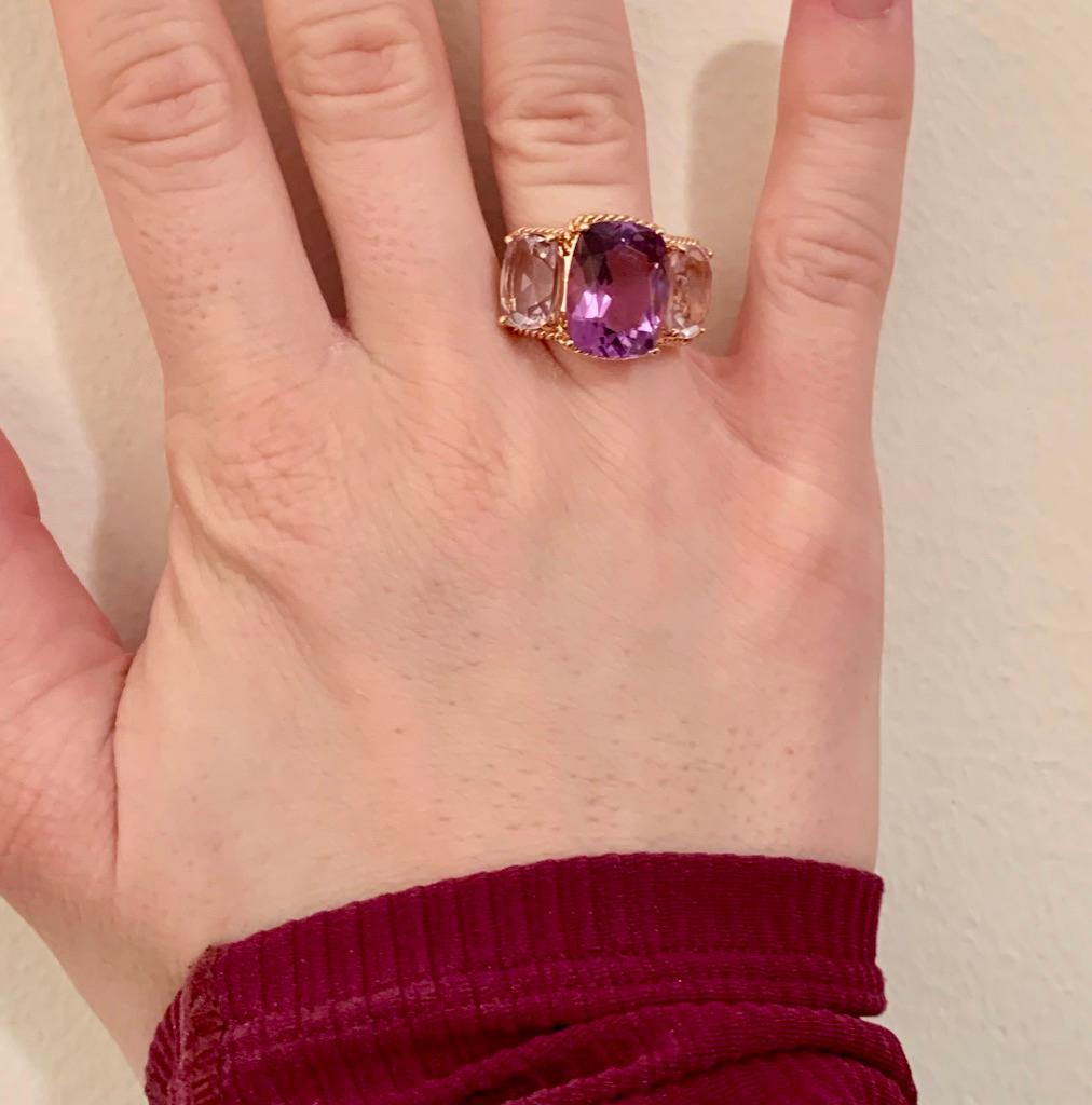 Mini Three-Stone Amethyst Ring and Pink Topaz with Rose Gold Rope Twist Border In New Condition For Sale In New York, NY