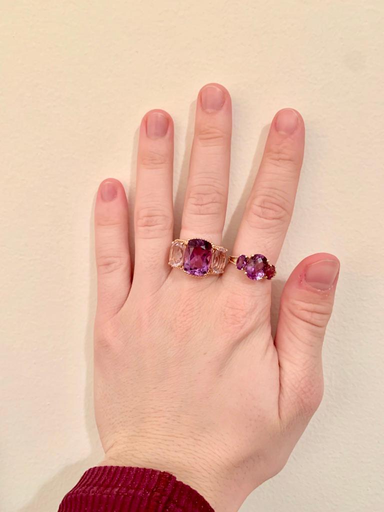 Women's Mini Three-Stone Amethyst Ring and Pink Topaz with Rose Gold Rope Twist Border For Sale