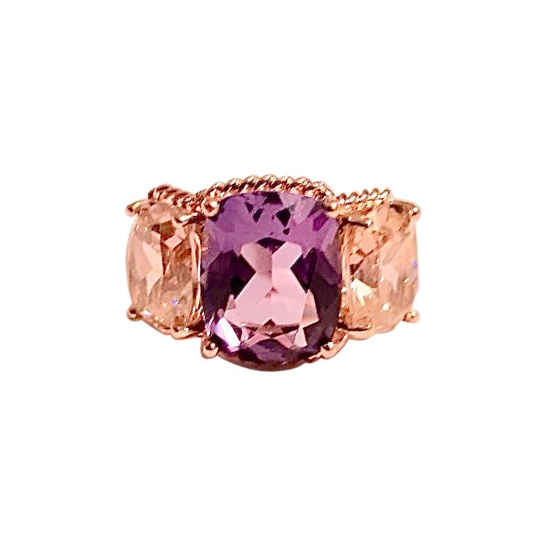 Mini Three-Stone Amethyst Ring and Pink Topaz with Rose Gold Rope Twist Border