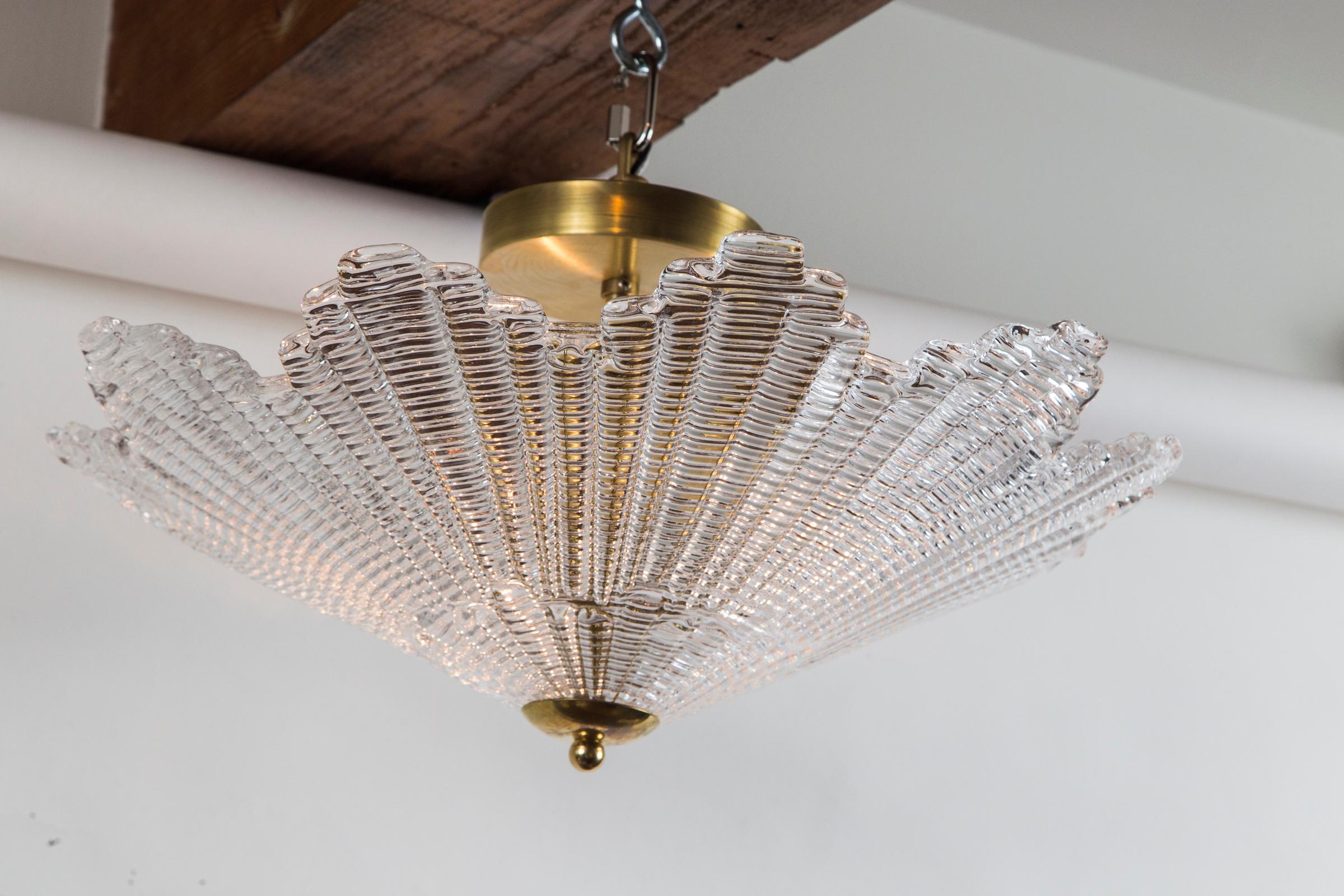 Elegant textured Murano star-shaped ceiling fixture, artisan made and newly electrified in the US with 3  brass candelabra sockets and made install ready to your desired height. Unlacquered brass hardware may also be nickel polished for an
