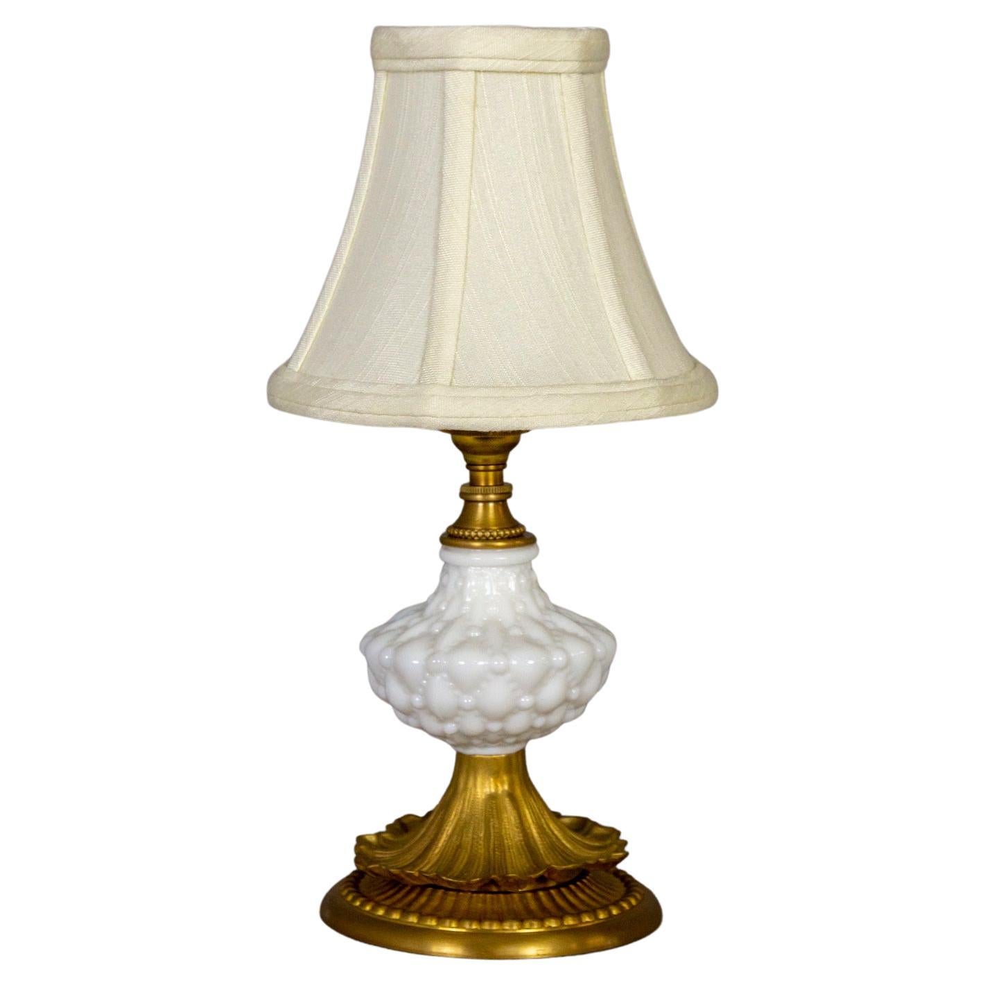 Mini White Hobnail Glass & Brass Boudoir Lamp w/ Shade For Sale