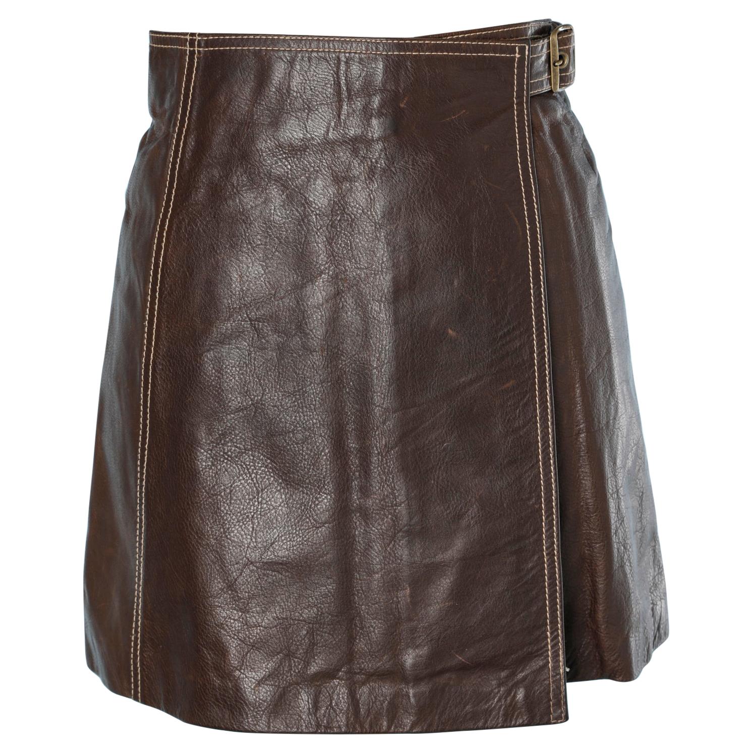 Mini wrap leather brown skirt 