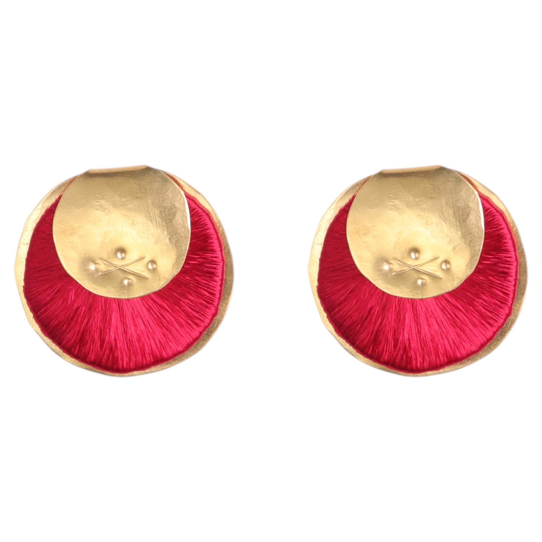 Mini Yoko Earrings in Cherry Red Silk & 24k Vermeil Gold by Katerina Makriyianni