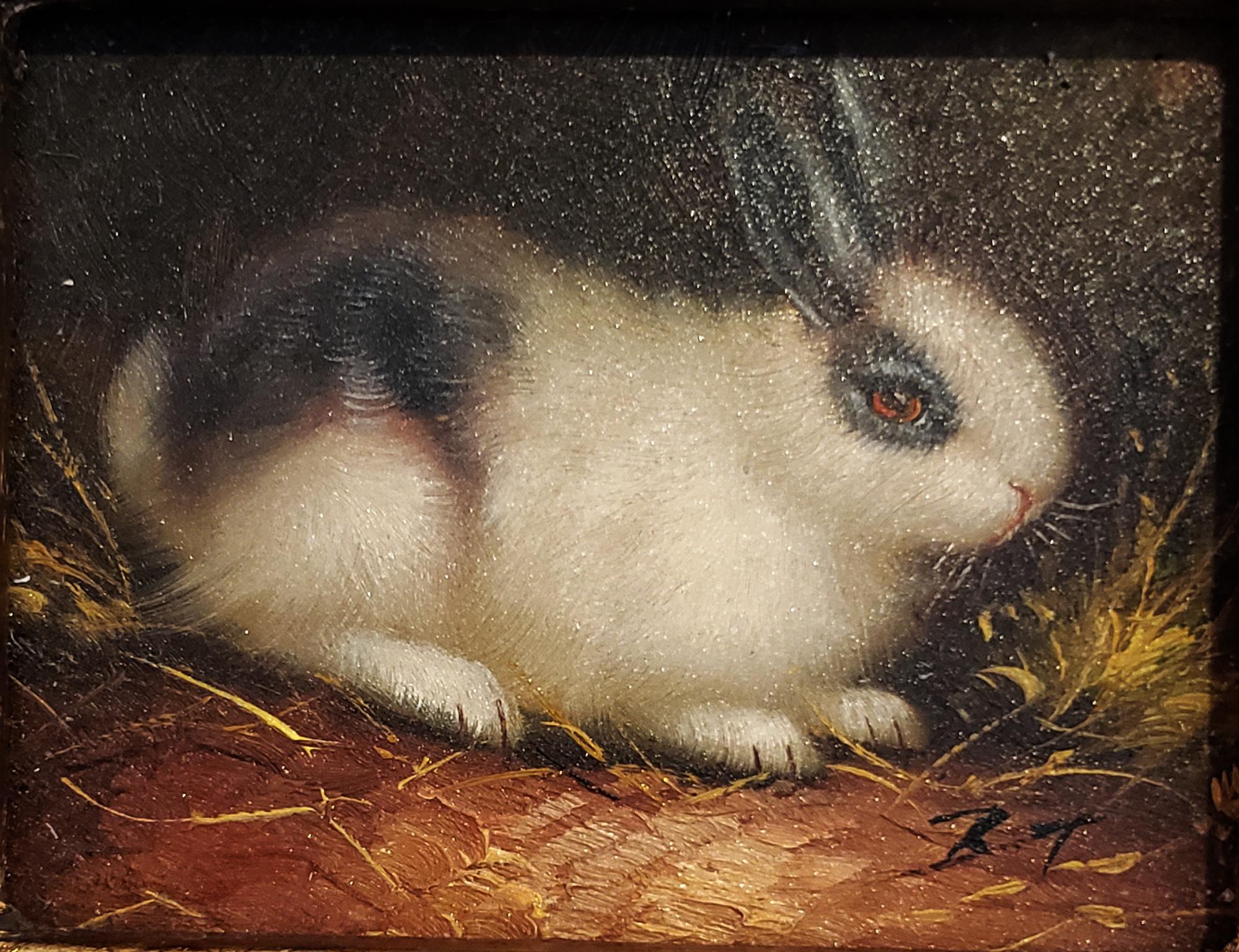 Paintings of Rabbits, 
A Pair,
Signed LR BT,
Oil on board,
Early 20th century

The charming pair of miniature paintings each depict a different rabbit. On the right is a white rabbit with a carrot at its front paws. The left rabbit depicts a
