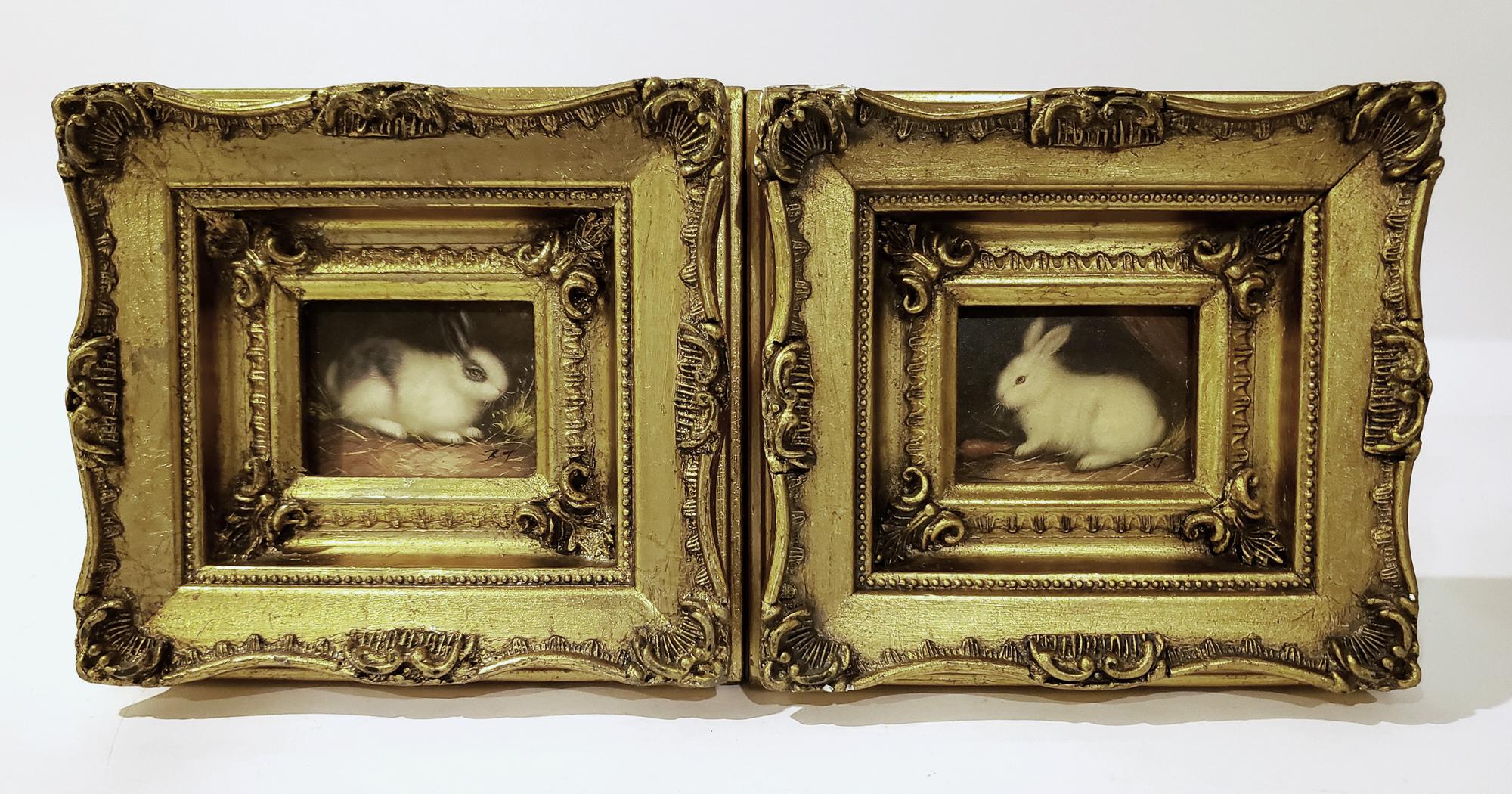 Miniaiture Paintings of Rabbits, a Pair In Good Condition In Downingtown, PA