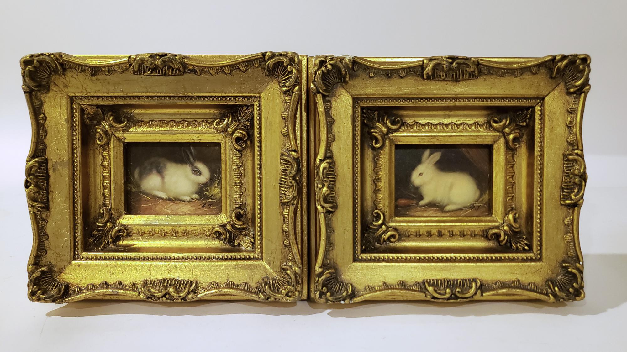 20th Century Miniaiture Paintings of Rabbits, a Pair