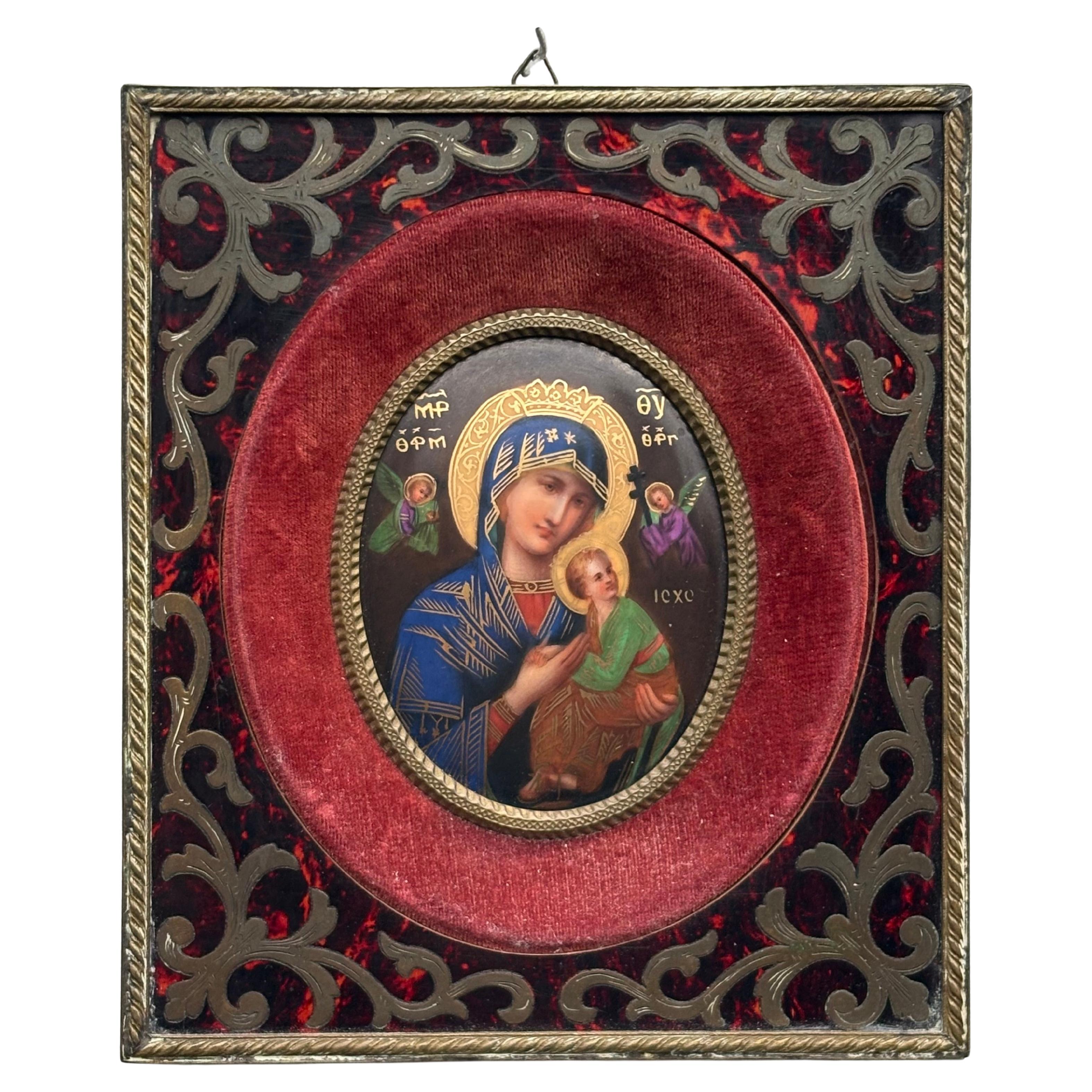 Miniatura Ortodossa Madonna con Bambino Cornice Marqueterie Boulle