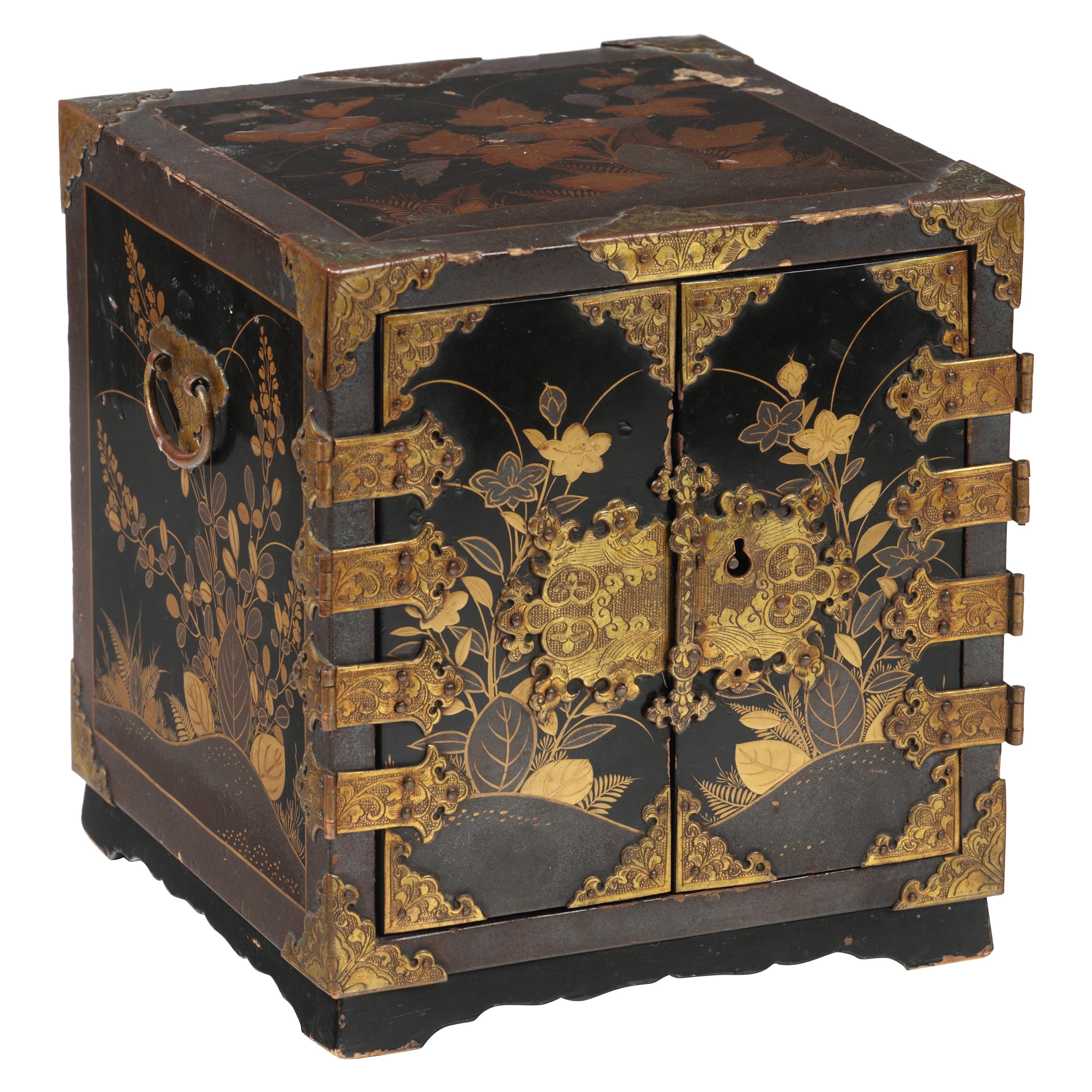 Miniature 17th Century Japanese Lacquer Jewelry Cabinet with Gilt-Bronze Mounts