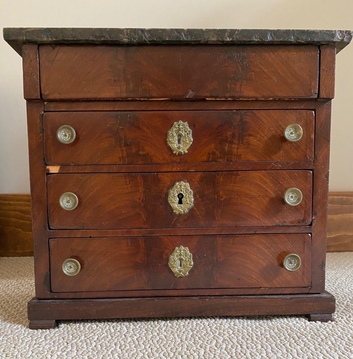 Brass Miniature 19th Century Victorian Figured Mahogany Chest of Drawers For Sale