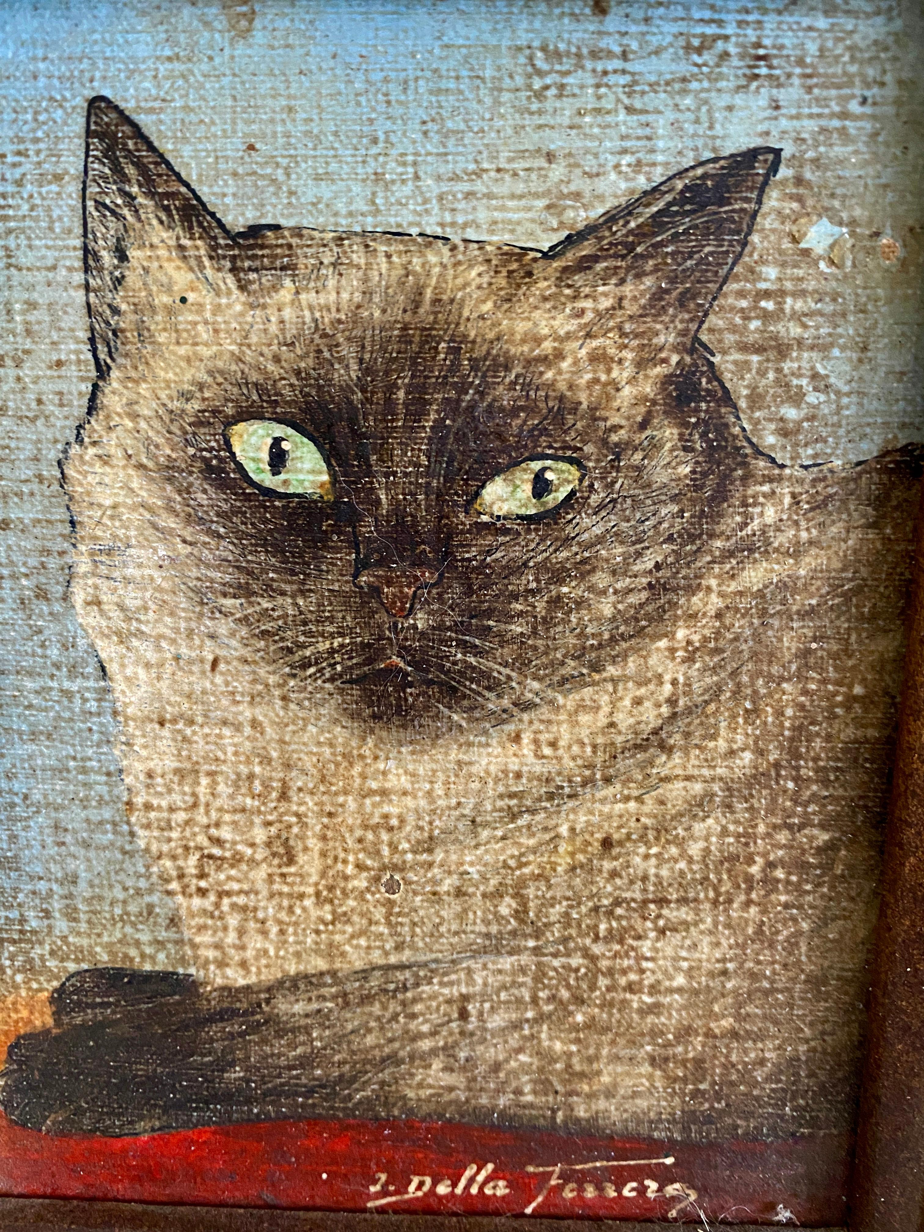 For the Siamese cat lover, a wonderful rendering of a signed Siamese cat painting, oil on board in an antique frame. Whether a gift for someone or yourself, a lovely painting to add to any collection.
Measures: 4 x 5 cat.