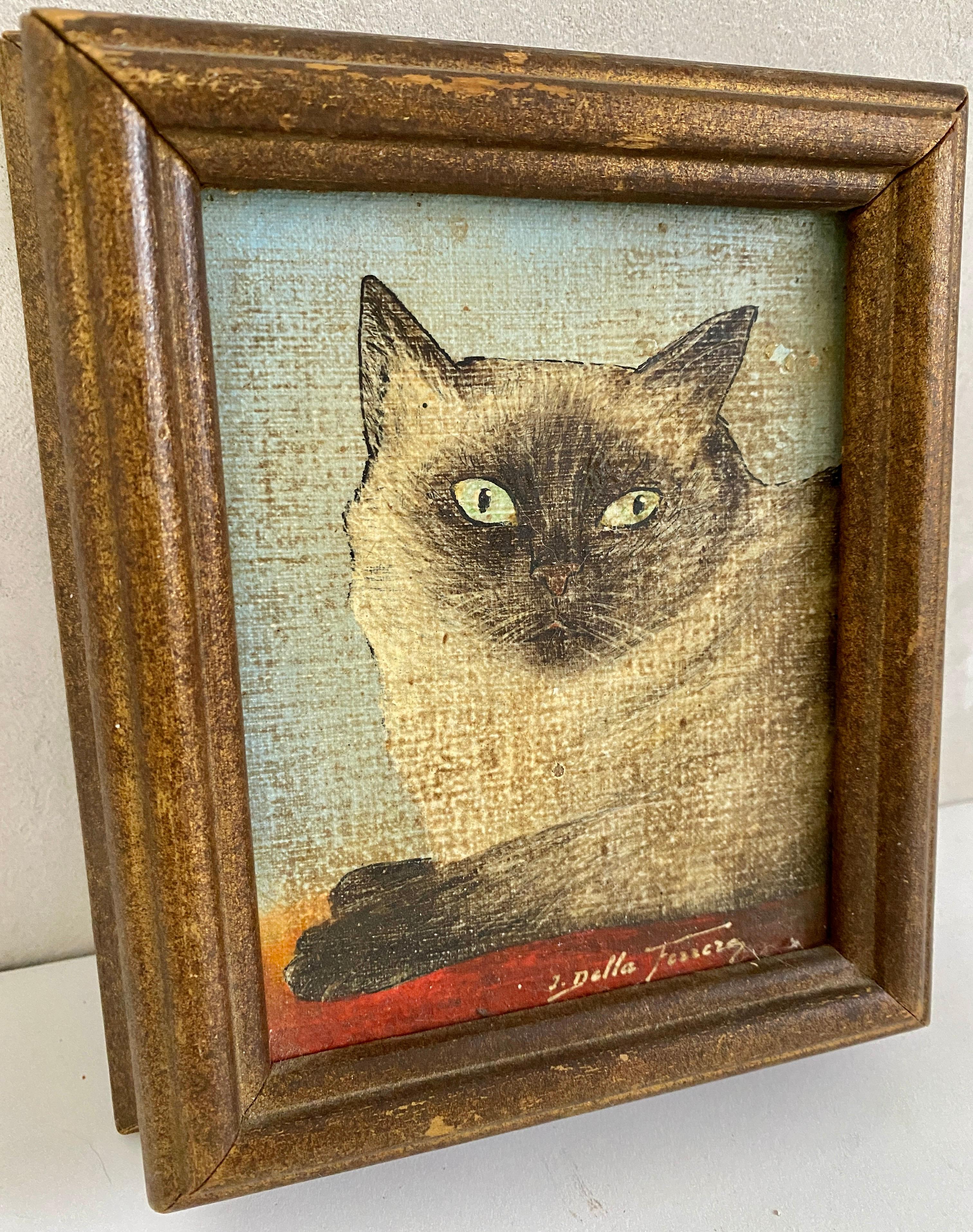 North American Miniature Oil on Board Painting of Siamese Cat